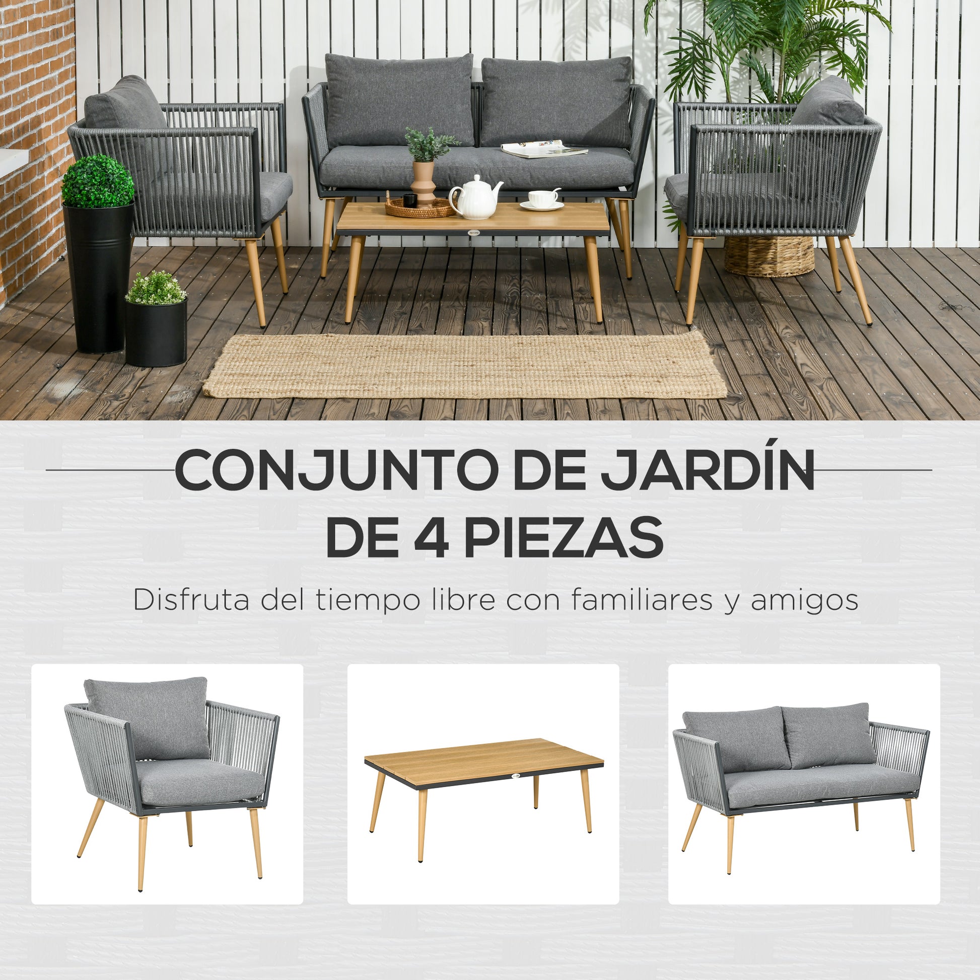 Outsunny Juego de Muebles de Jardín de Ratán 4 Piezas Juego de Conversación Incluye Sofá de 2 Plazas 2 Sillones y Mesa de Centro de Tablero de Madera y Plástico Cojines Anti-UV para Terraza Patio Gris