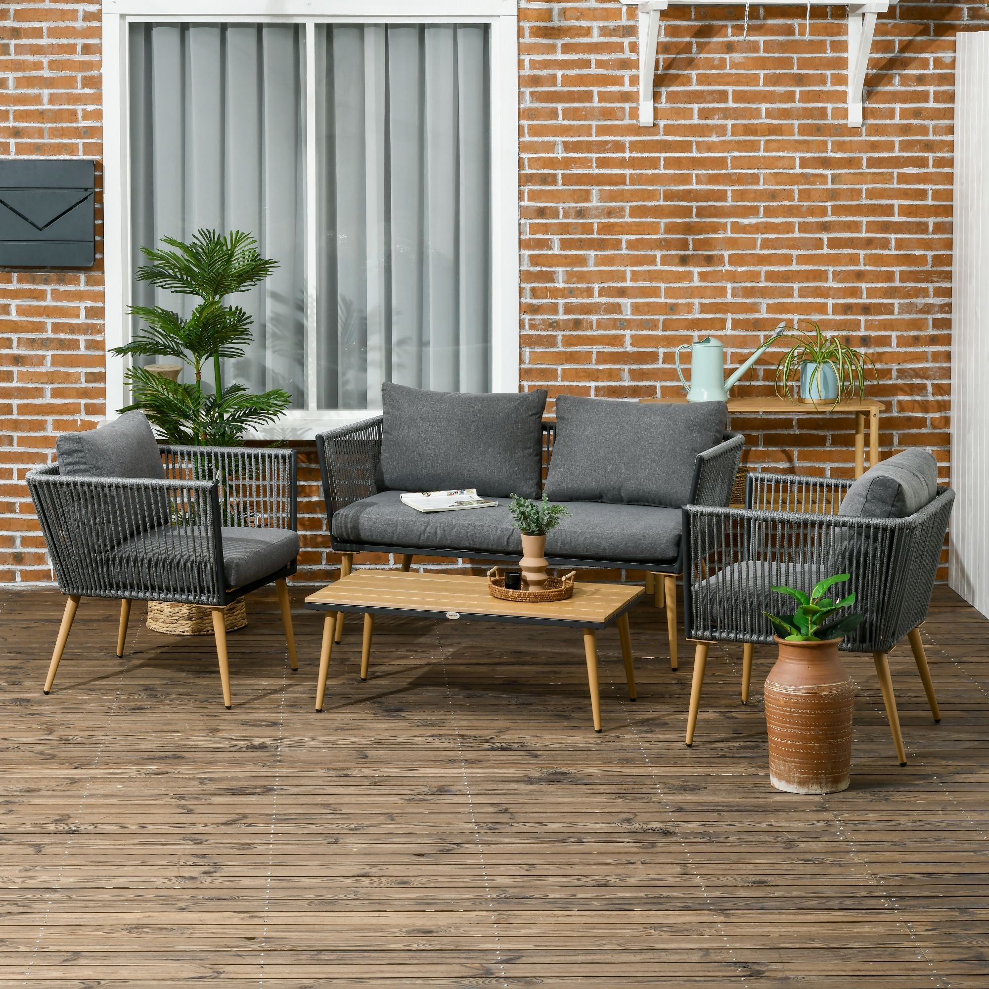 Outsunny Juego de Muebles de Jardín de Ratán 4 Piezas Juego de Conversación Incluye Sofá de 2 Plazas 2 Sillones y Mesa de Centro de Tablero de Madera y Plástico Cojines Anti-UV para Terraza Patio Gris