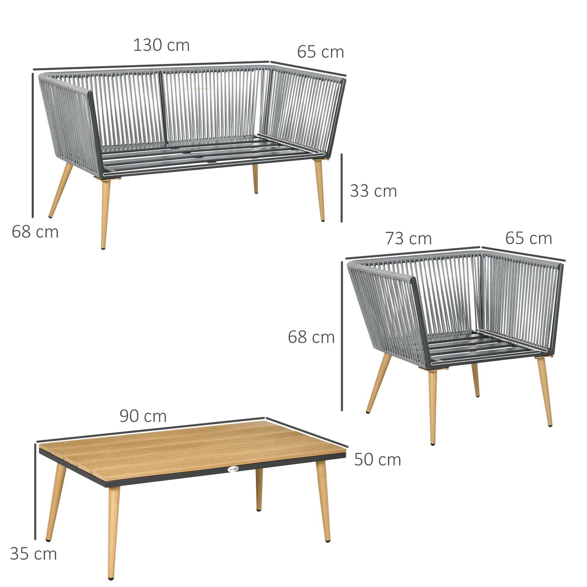 Outsunny Juego de Muebles de Jardín de Ratán 4 Piezas Juego de Conversación Incluye Sofá de 2 Plazas 2 Sillones y Mesa de Centro de Tablero de Madera y Plástico Cojines Anti-UV para Terraza Patio Gris