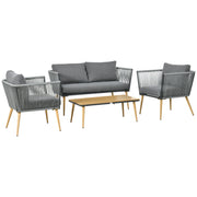 Outsunny Juego de Muebles de Jardín de Ratán 4 Piezas Juego de Conversación Incluye Sofá de 2 Plazas 2 Sillones y Mesa de Centro de Tablero de Madera y Plástico Cojines Anti-UV para Terraza Patio Gris