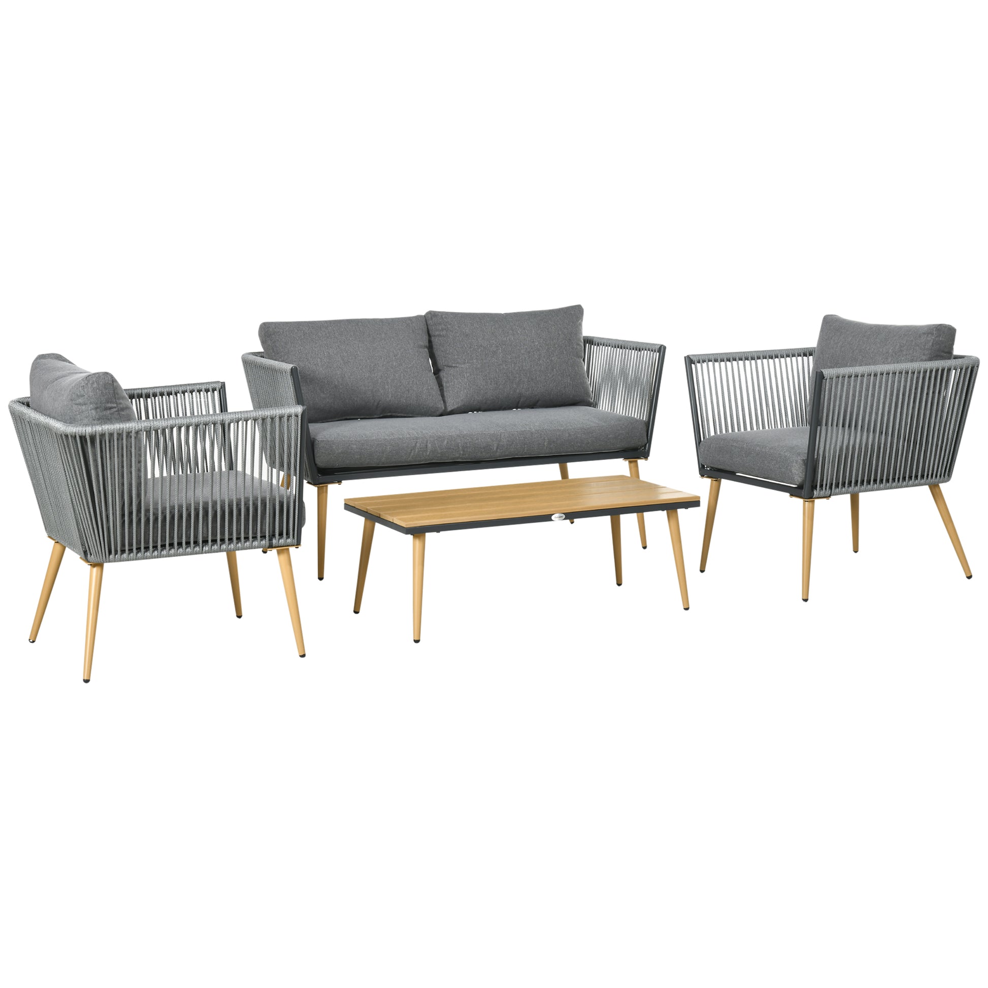 Outsunny Juego de Muebles de Jardín de Ratán 4 Piezas Juego de Conversación Incluye Sofá de 2 Plazas 2 Sillones y Mesa de Centro de Tablero de Madera y Plástico Cojines Anti-UV para Terraza Patio Gris