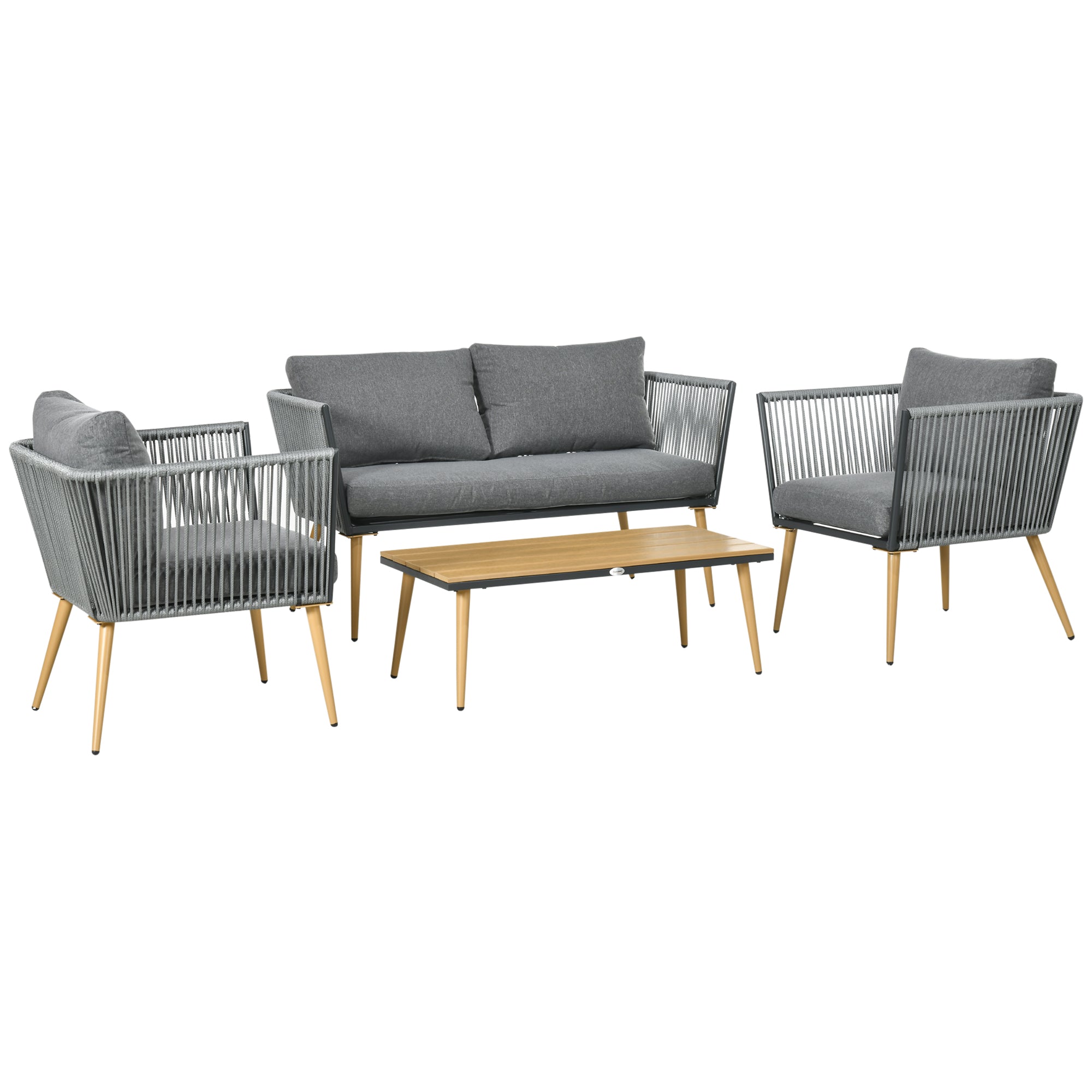 Outsunny Juego de Muebles de Jardín de Ratán 4 Piezas Juego de Conversación Incluye Sofá de 2 Plazas 2 Sillones y Mesa de Centro de Tablero de Madera y Plástico Cojines Anti-UV para Terraza Patio Gris