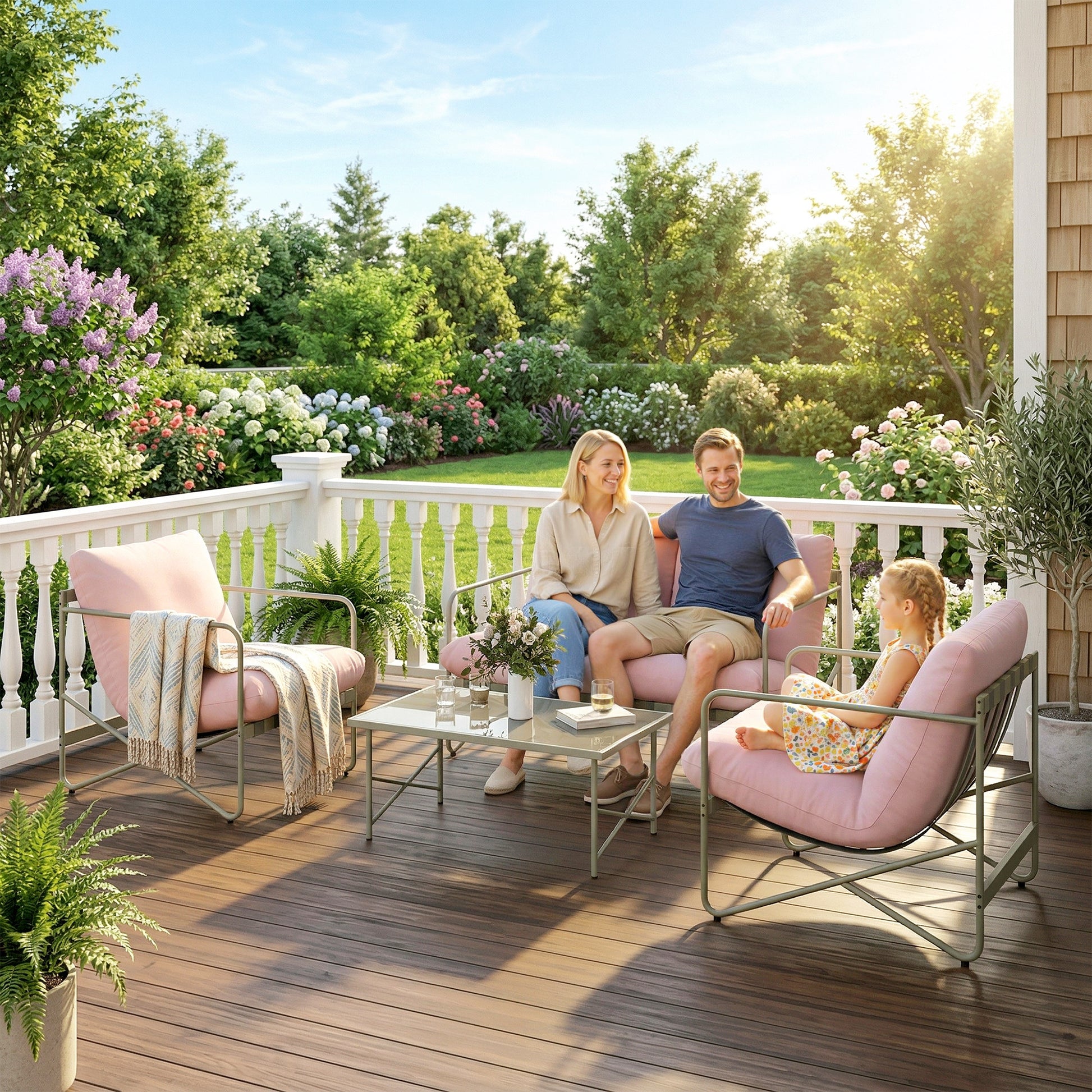 Outsunny Conjunto de Jardín Exterior de 4 Piezas, Muebles Jardín Exterior con Sofá de 2 Plazas, 2 Sillones, Mesa de Vidrio Templado, Cojines Gruesos, para Terraza, Rosa