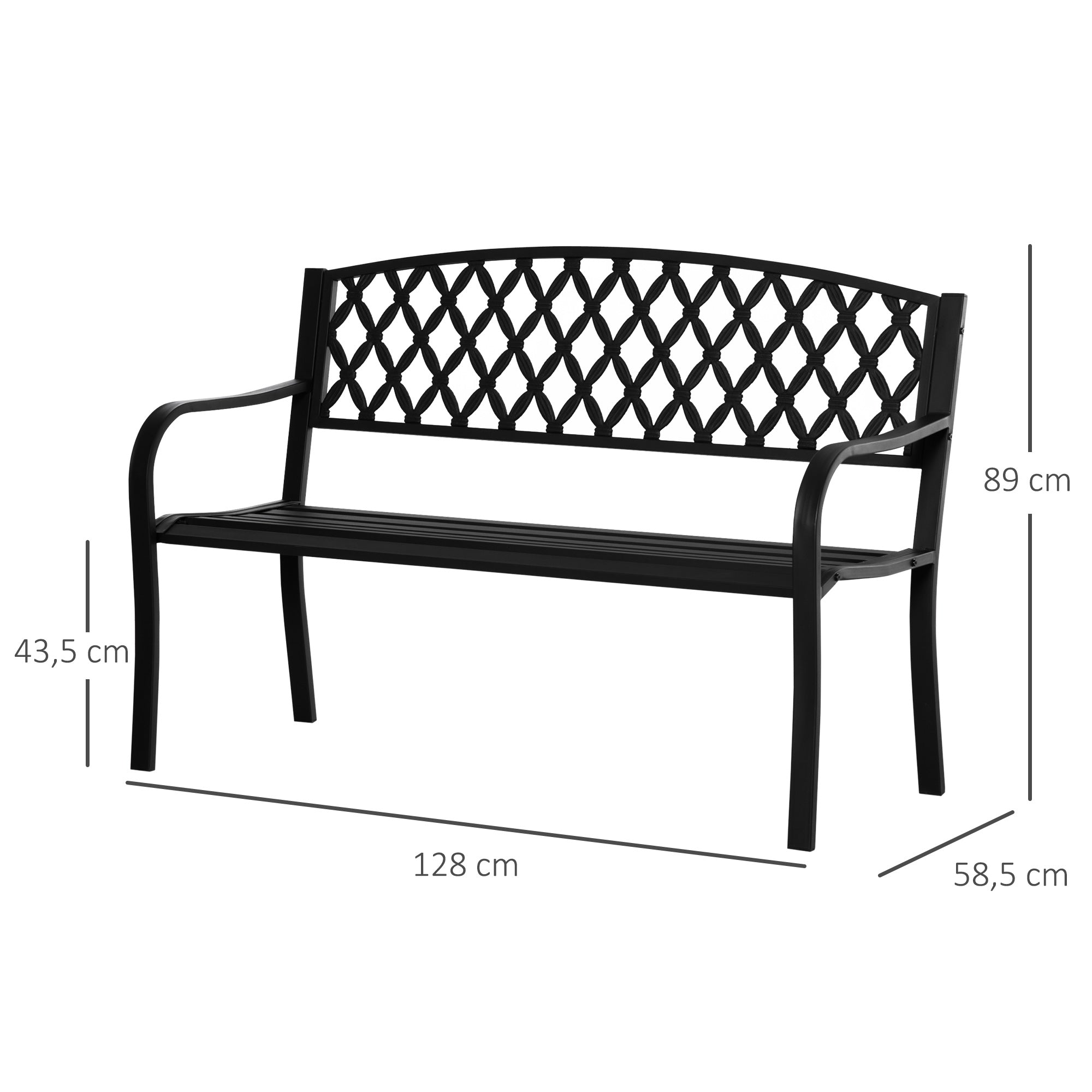 Outsunny Banco de Jardín de 2 Plazas con Respaldo Decorativo y Reposabrazos para Terraza Balcón Patio Exterior Carga 240 kg Hierro Fundido y Acero 128x58,5x89 cm Negro