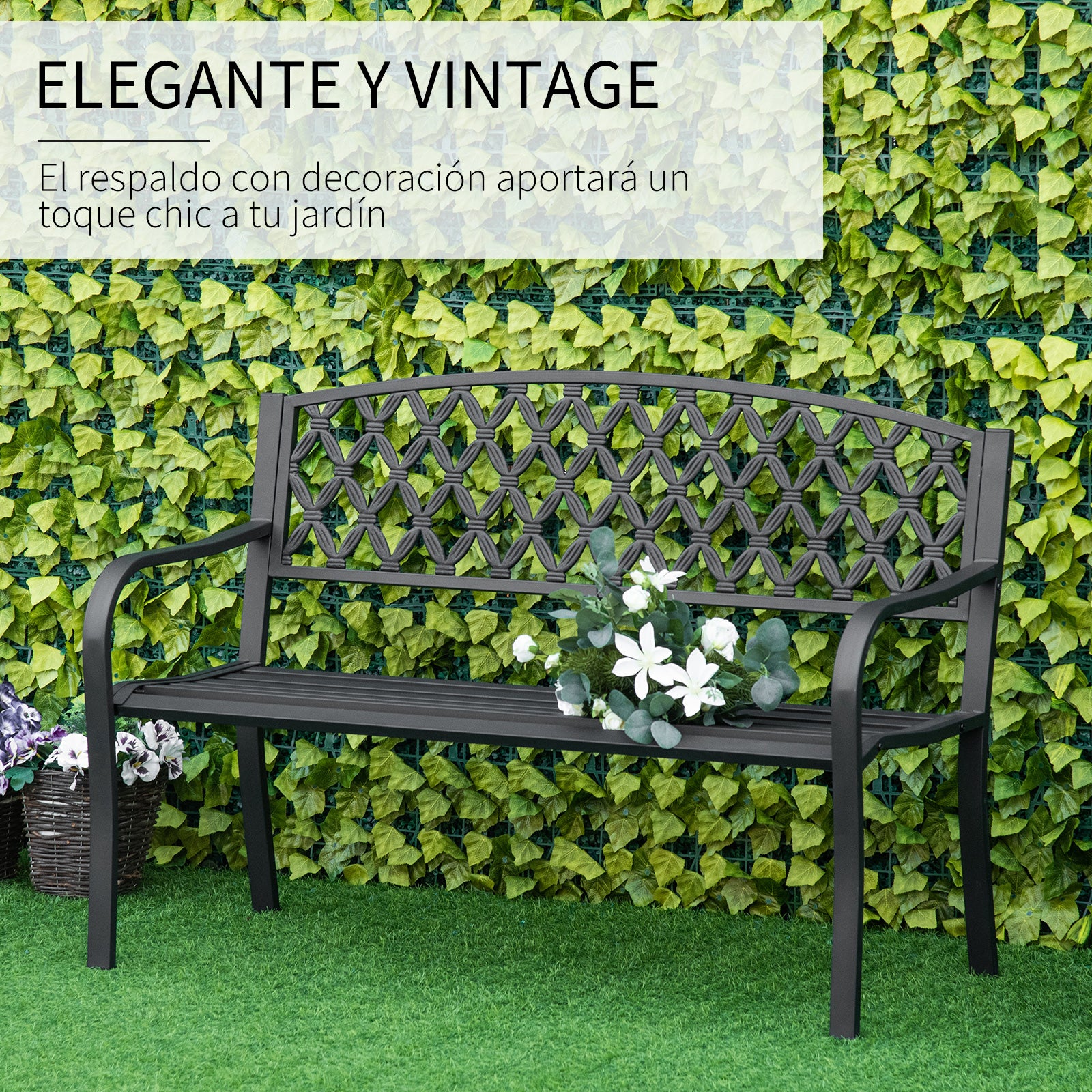 Outsunny Banco de Jardín de 2 Plazas con Respaldo Decorativo y Reposabrazos para Terraza Balcón Patio Exterior Carga 240 kg Hierro Fundido y Acero 128x58,5x89 cm Negro