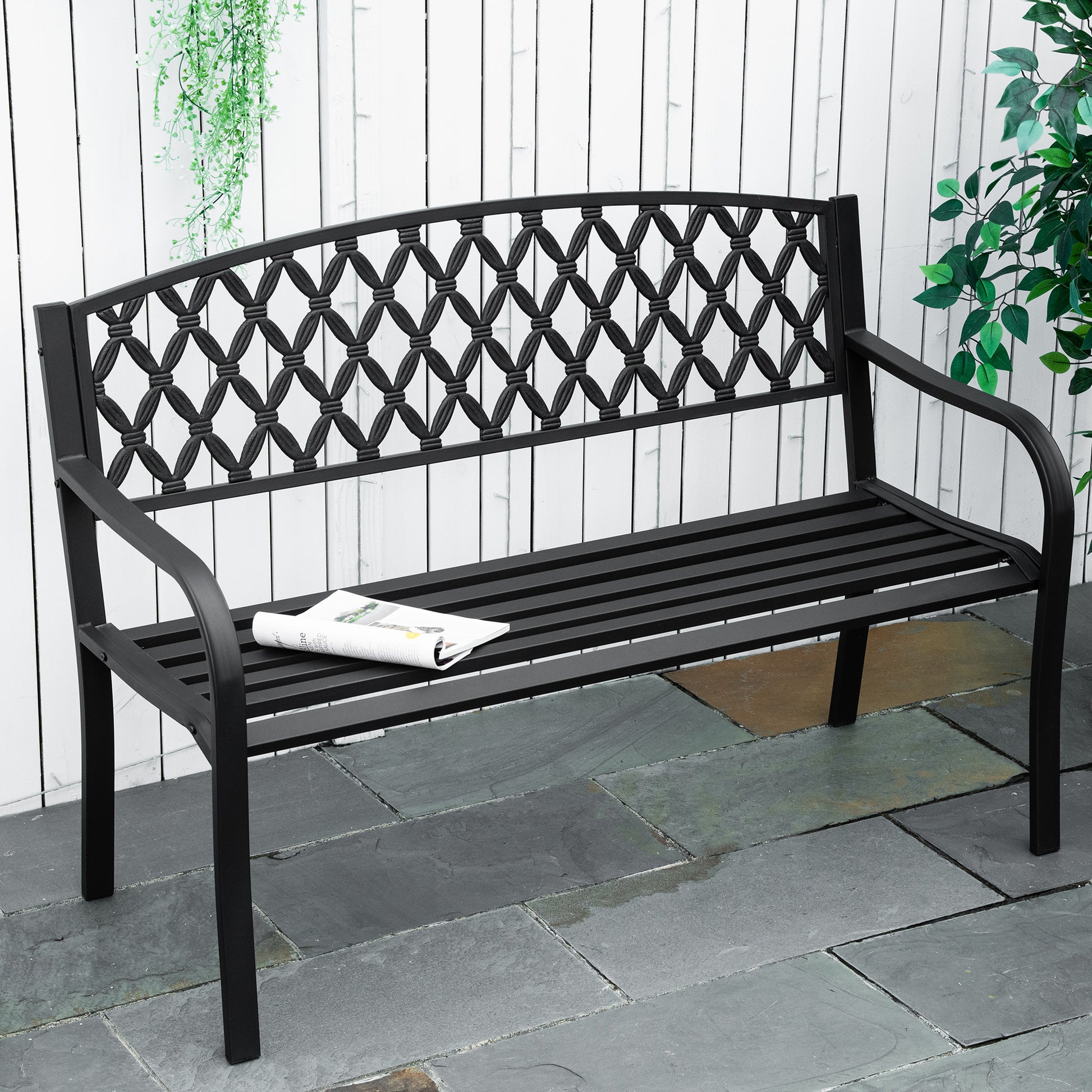 Outsunny Banco de Jardín de 2 Plazas con Respaldo Decorativo y Reposabrazos para Terraza Balcón Patio Exterior Carga 240 kg Hierro Fundido y Acero 128x58,5x89 cm Negro