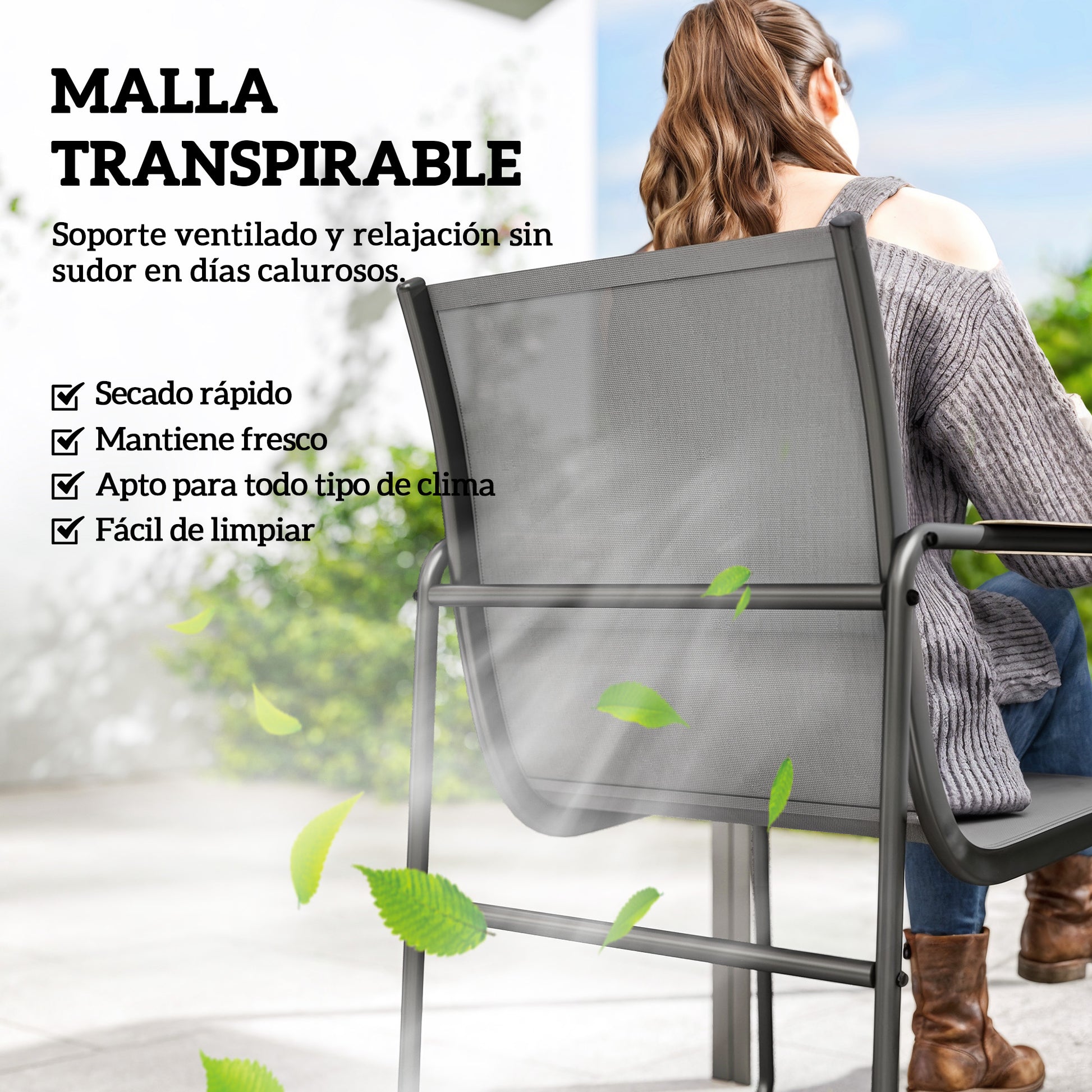 Outsunny Conjunto de Mesa y Sillas Jardín de 7 Piezas, Muebles Jardín Exterior con Mesa de Vidrio Templado, 6 Sillas Transpirables Decorativas, Marco de Acero Resistente a la Intemperie, Gris