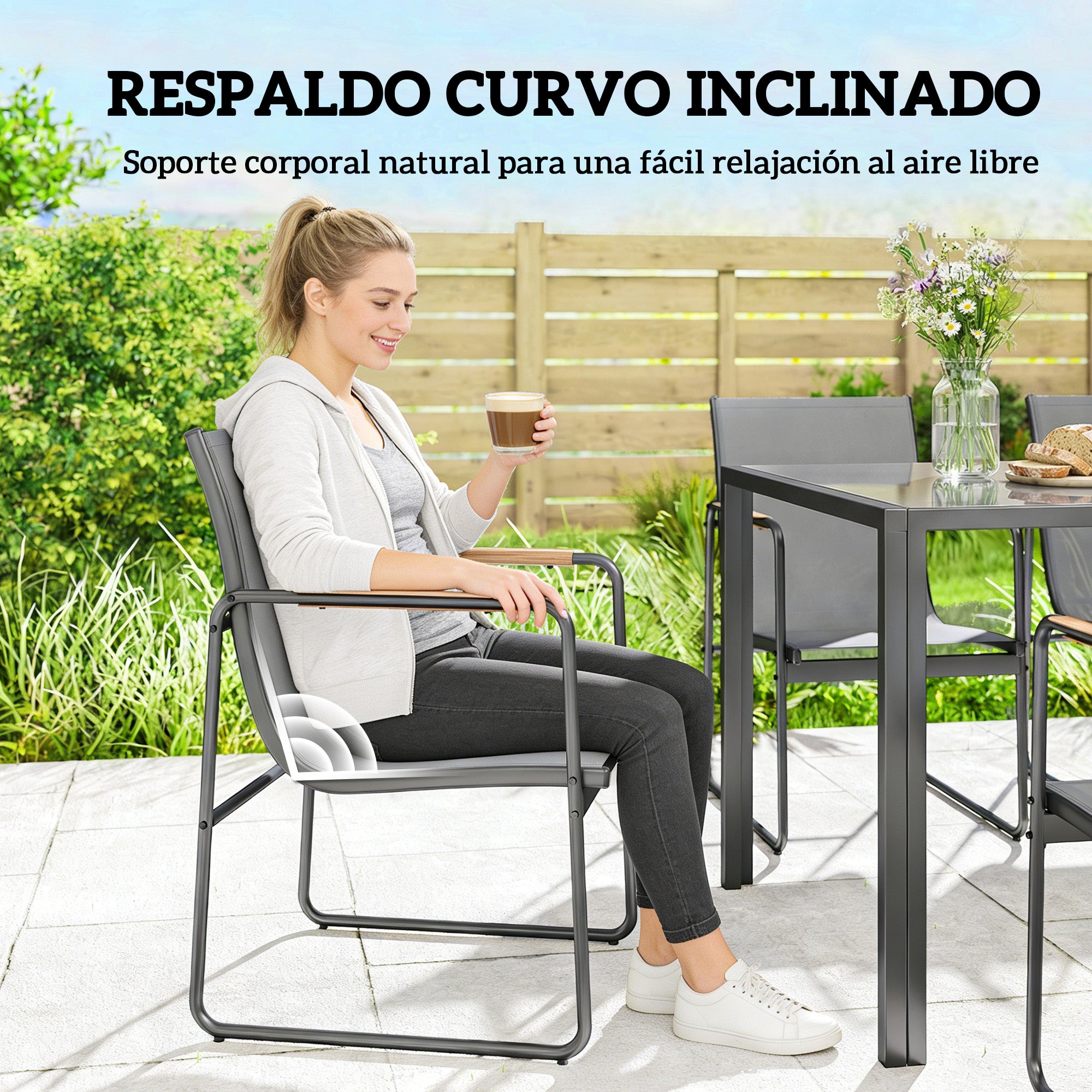 Outsunny Conjunto de Mesa y Sillas Jardín de 7 Piezas, Muebles Jardín Exterior con Mesa de Vidrio Templado, 6 Sillas Transpirables Decorativas, Marco de Acero Resistente a la Intemperie, Gris