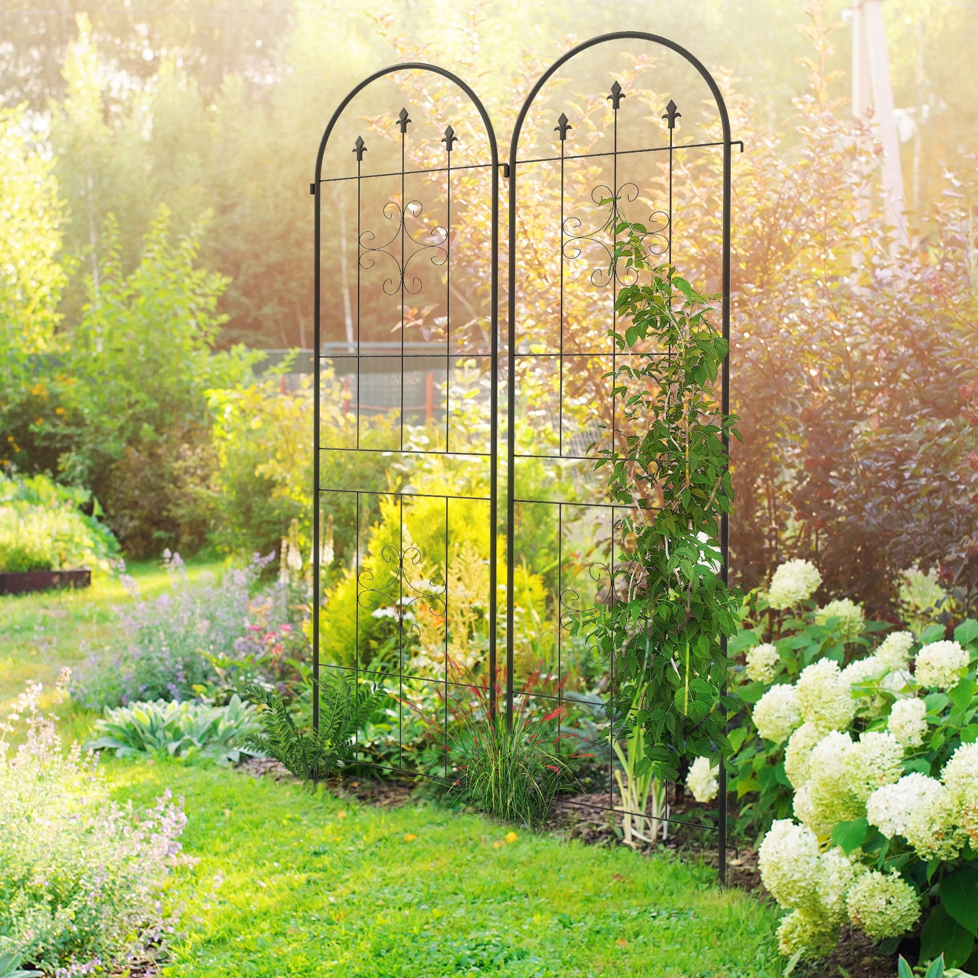 Outsunny Juego de 2 Enrejados de Jardín, Soportes para Plantas Trepadoras con Marco de Acero, para Frutas, Verduras, Flores, Decoración Exterior para Patio, Terraza, 50x180 cm, Negro