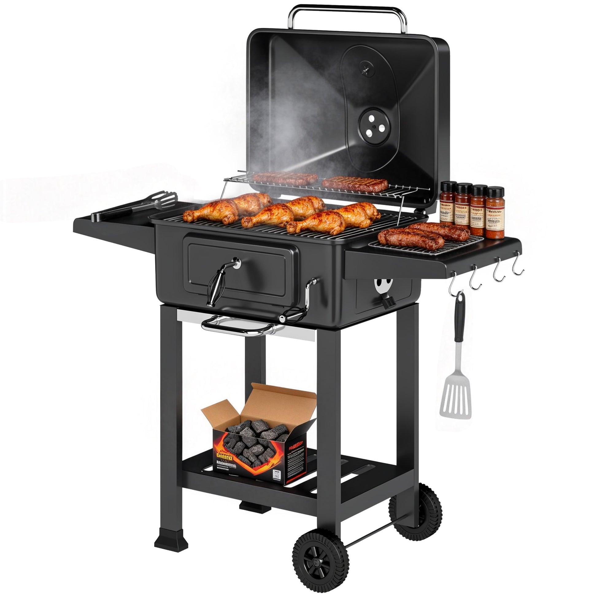 Outsunny Barbacoa de Carbón Portátil, Barbacoa de Carbón Móvil con Bandeja y Ventilación Ajustable, Estantes Laterales, Termómetro, Tapa, Cajón de Cenizas, Ruedas, Puerta Frontal, Asa, Negro