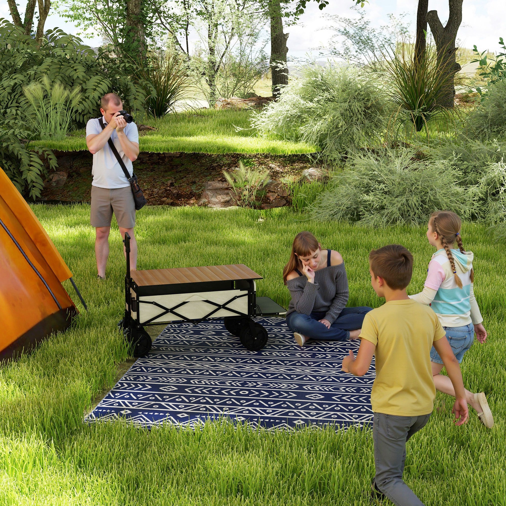 Outsunny Alfombra de Exterior 182x274 cm Alfombra Reversible con Patrón de Geométrico Impermeable Bolsa de Transporte para Terraza Balcón Patio Camping Playa Azul