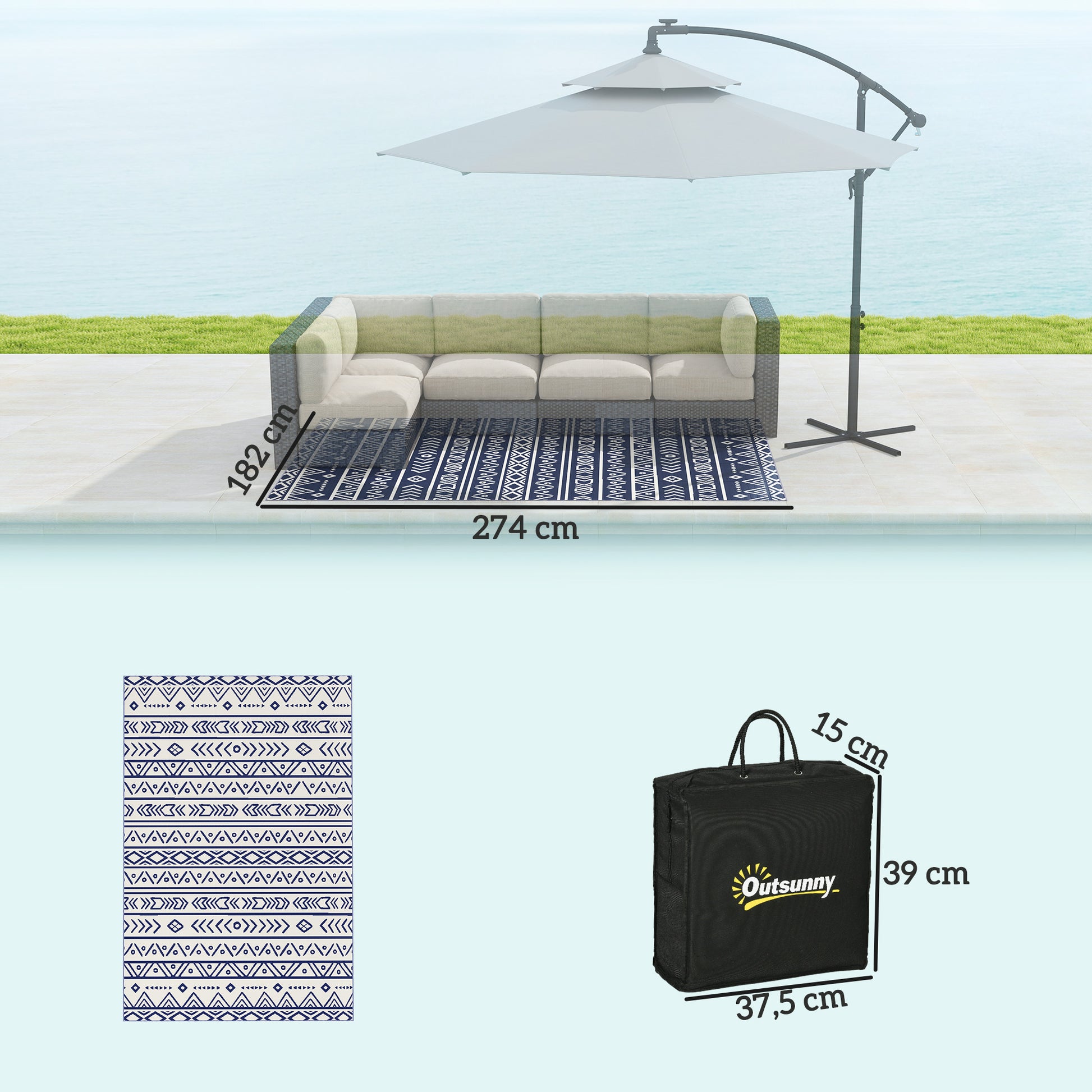 Outsunny Alfombra de Exterior 182x274 cm Alfombra Reversible con Patrón de Geométrico Impermeable Bolsa de Transporte para Terraza Balcón Patio Camping Playa Azul