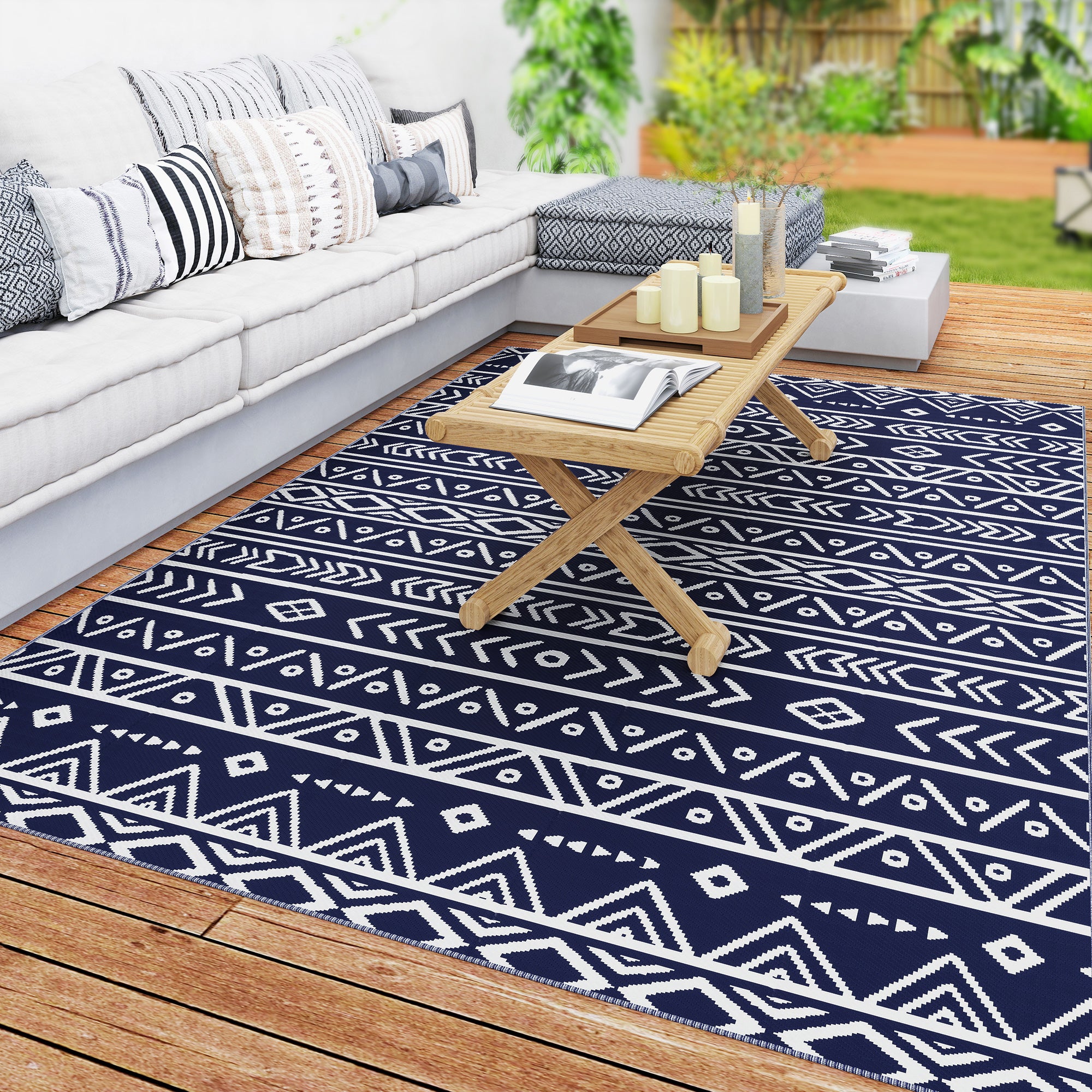 Outsunny Alfombra de Exterior 182x274 cm Alfombra Reversible con Patrón de Geométrico Impermeable Bolsa de Transporte para Terraza Balcón Patio Camping Playa Azul