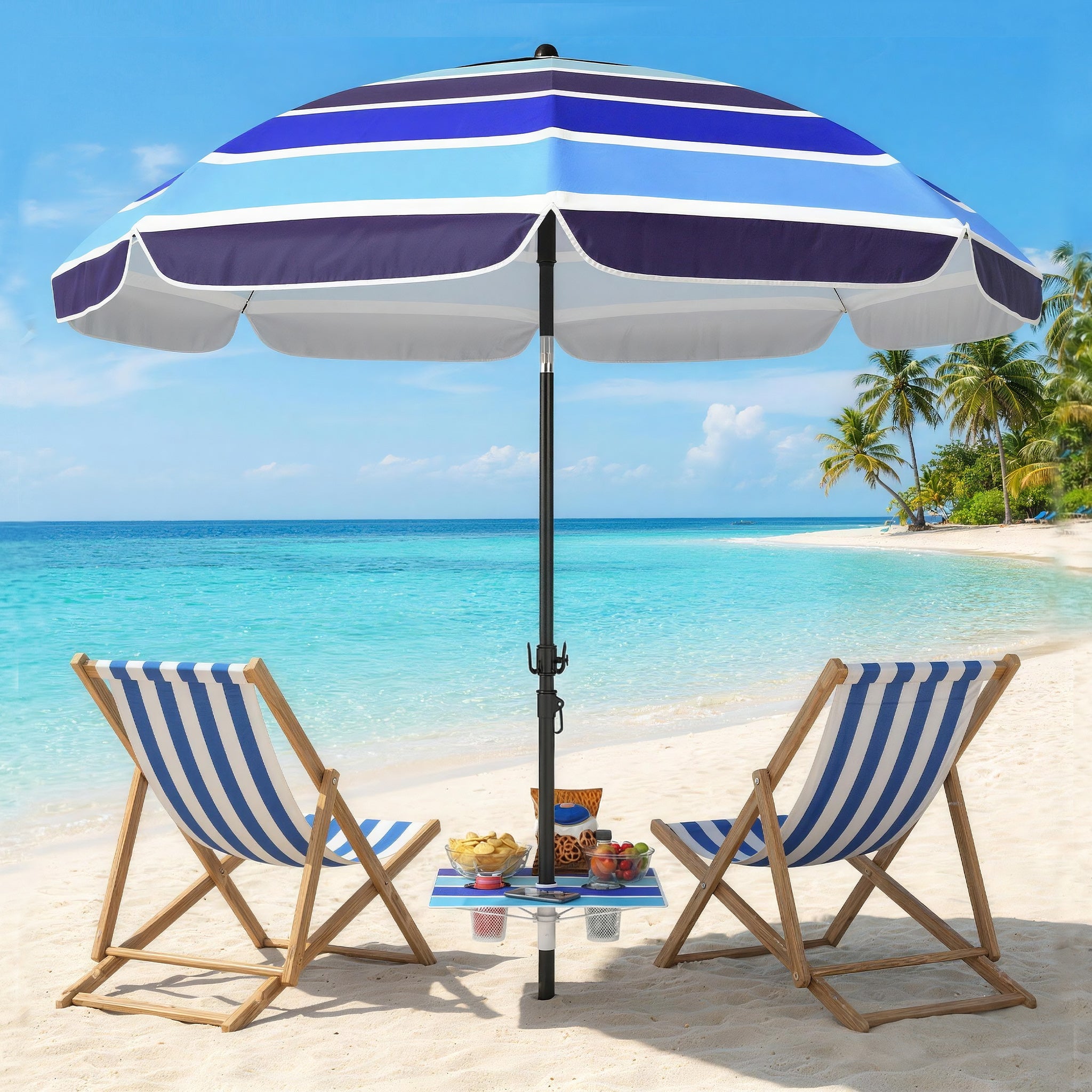 Outsunny Sombrilla de Playa con Mesa Plegable y Portavasos Ø198 cm, Sombrilla de Terraza Exterior con Altura Ajustable, Inclinación, Bolsa de Transporte y Gancho, UV30+, Multicolor