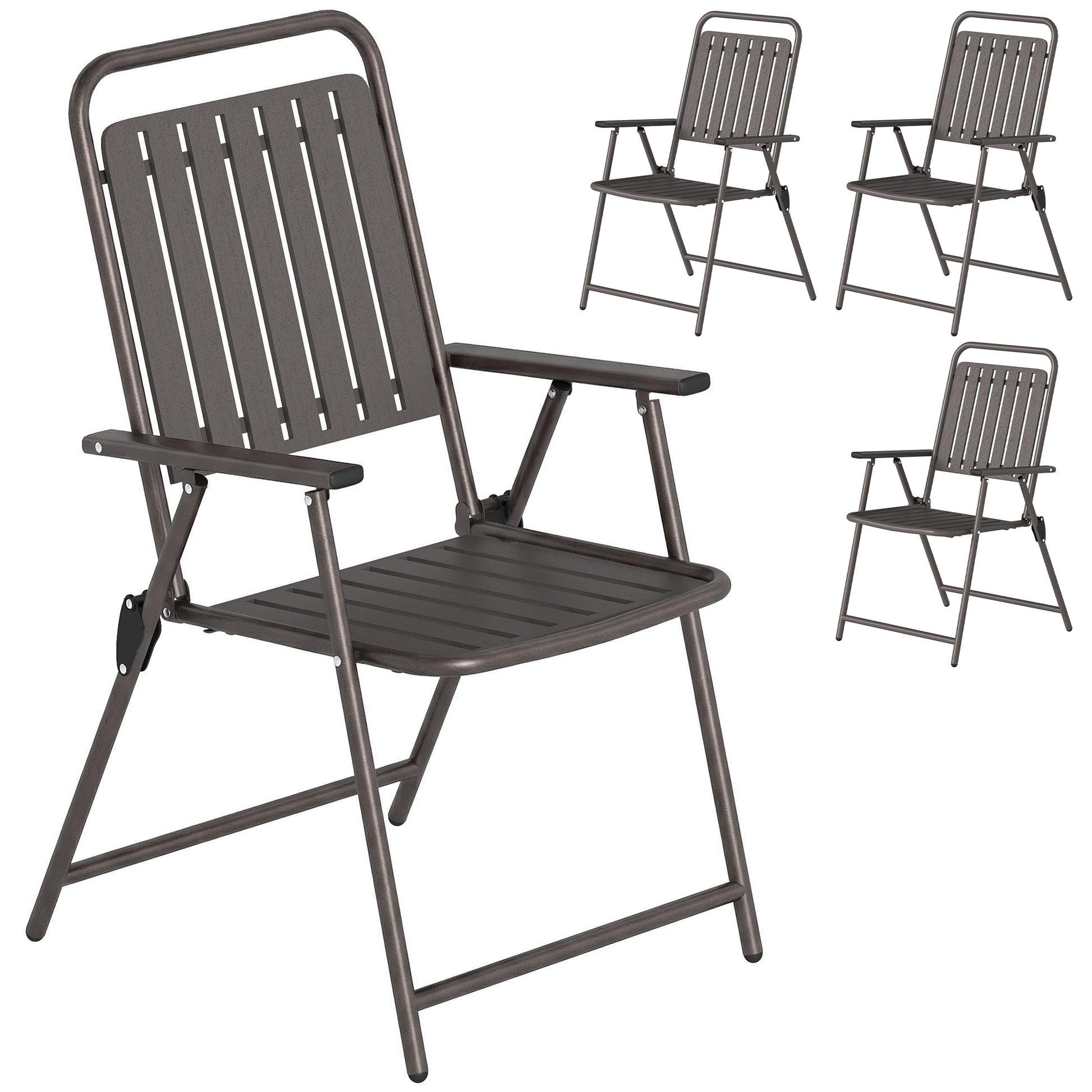 Outsunny Juego de 4 Sillas de Jardín Exterior Plegables, Sillas Terraza Exterior con Reposabrazos, Respaldo y Asiento de PP, Marco Metálico, 55x63x93 cm, Marrón