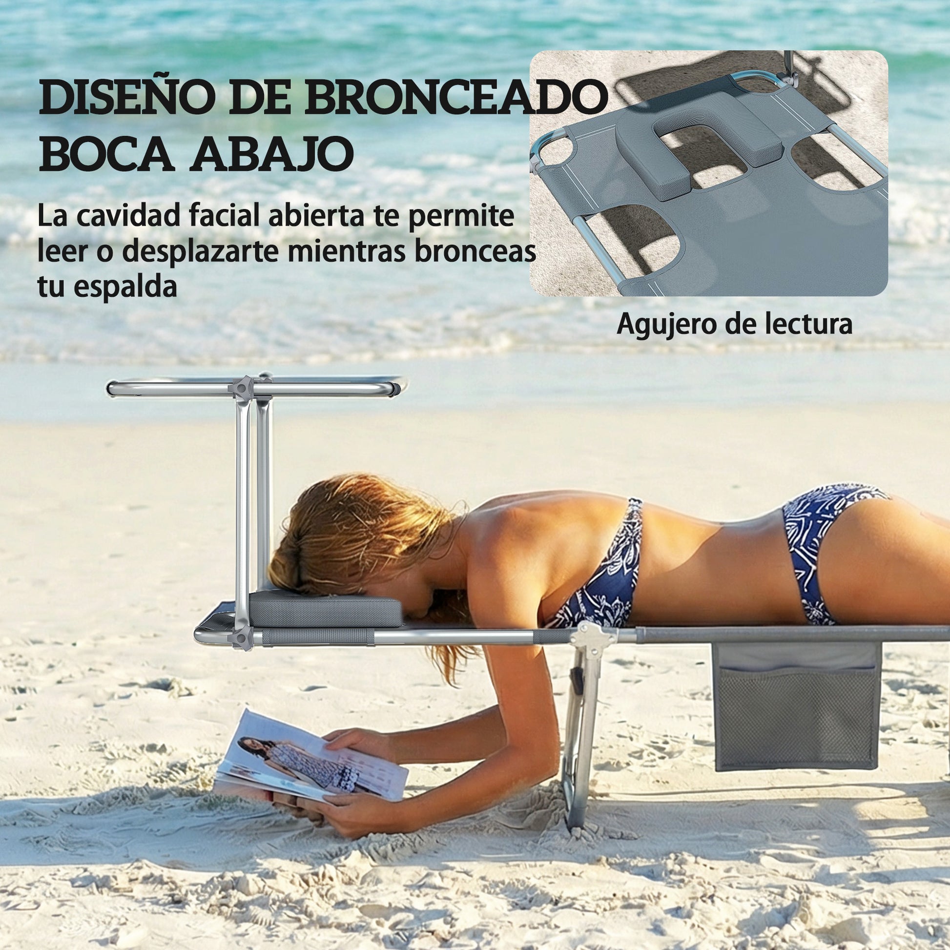 Outsunny Set de 2 Tumbonas Jardín Exterior, Tumbonas Plegables con Reposacabezas, Dosel 360°, Orificio Facial, Bolsillo Lateral, Respaldo Reclinable 5 Posiciones y Textilene 550 g/m² para Playa, Gris