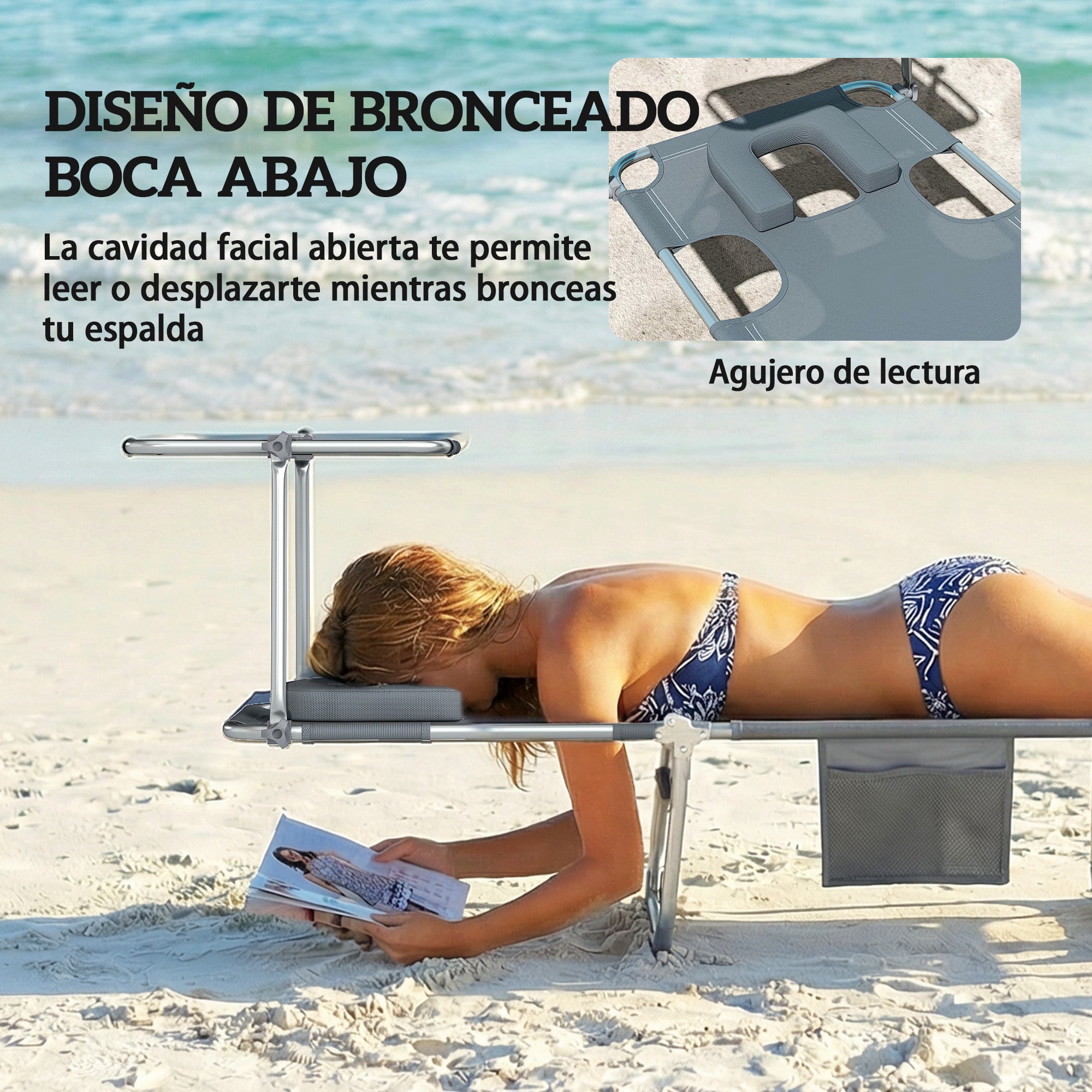 Outsunny Set de 2 Tumbonas Jardín Exterior, Tumbonas Plegables con Reposacabezas, Dosel 360°, Orificio Facial, Bolsillo Lateral, Respaldo Reclinable 5 Posiciones y Textilene 550 g/m² para Playa, Gris