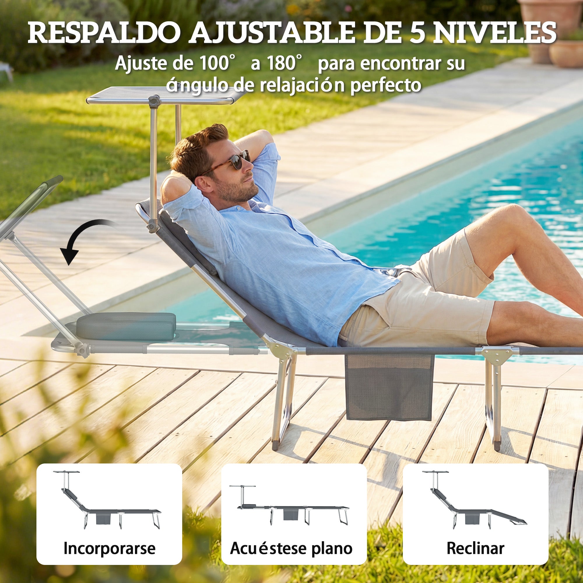 Outsunny Set de 2 Tumbonas Jardín Exterior, Tumbonas Plegables con Reposacabezas, Dosel 360°, Orificio Facial, Bolsillo Lateral, Respaldo Reclinable 5 Posiciones y Textilene 550 g/m² para Playa, Gris
