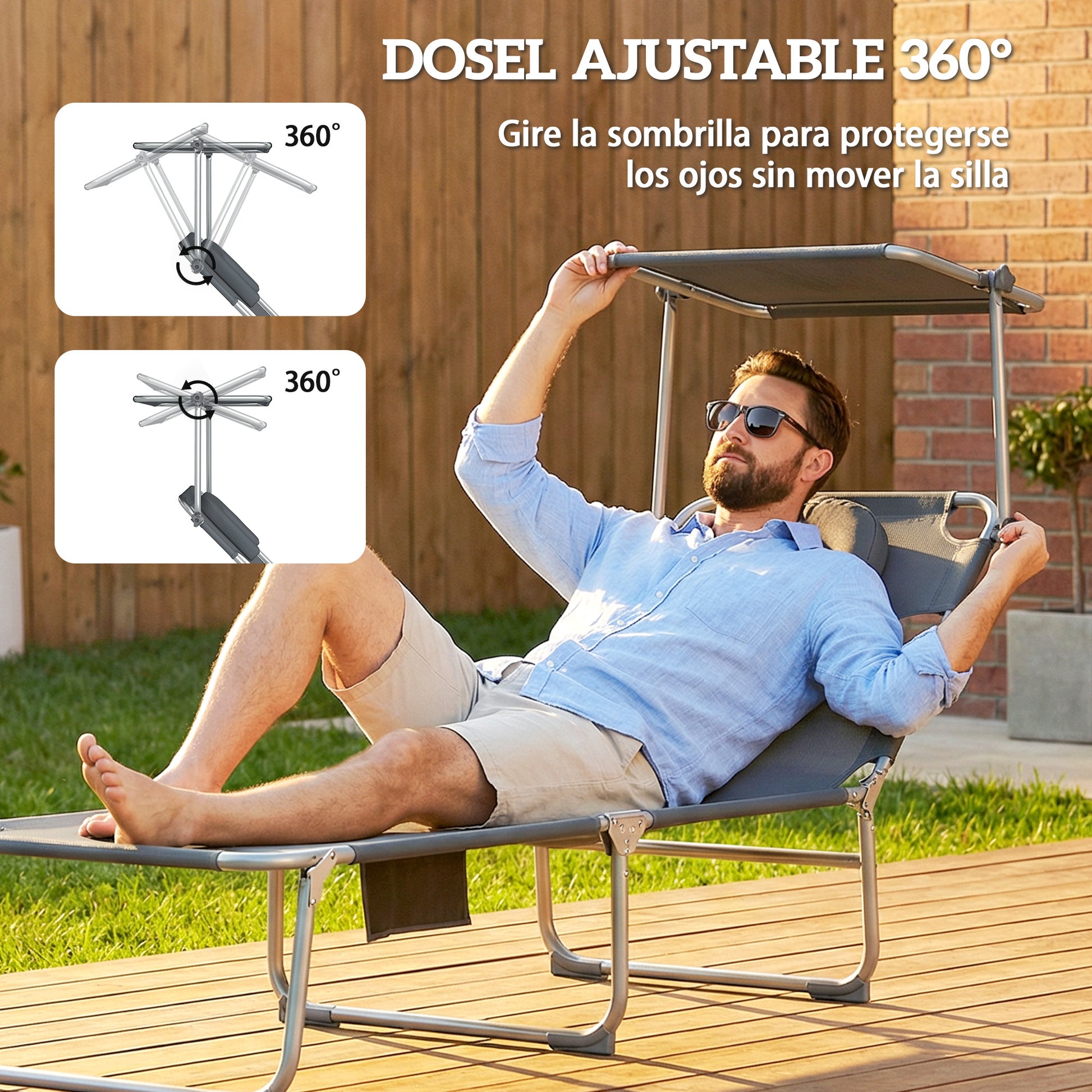 Outsunny Set de 2 Tumbonas Jardín Exterior, Tumbonas Plegables con Reposacabezas, Dosel 360°, Orificio Facial, Bolsillo Lateral, Respaldo Reclinable 5 Posiciones y Textilene 550 g/m² para Playa, Gris