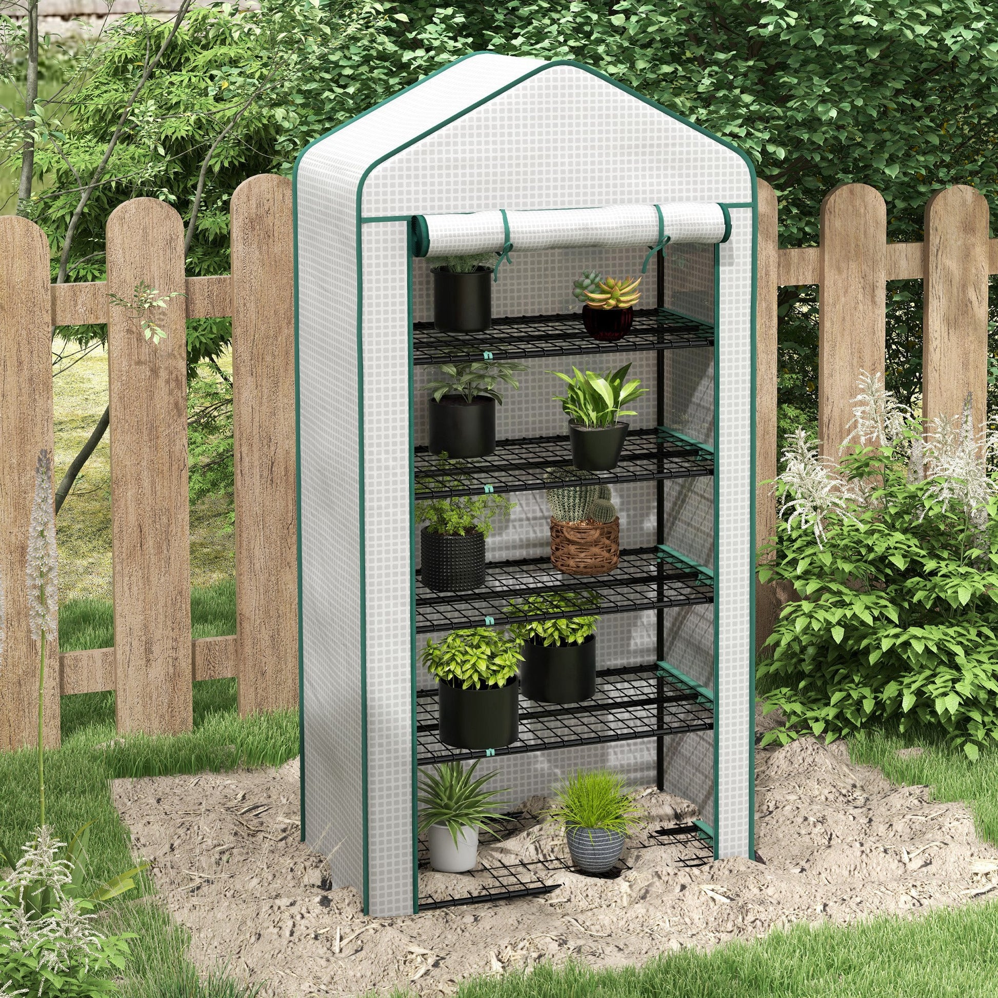 Outsunny Invernadero de Jardín de 5 Niveles Invernadero Pequeño Exterior con Puerta Enrollable con Cremallera Anti-UV Diseño Ensanchado y Estantes para Cultivo de Plantas Flores 90x49x193 cm Blanco