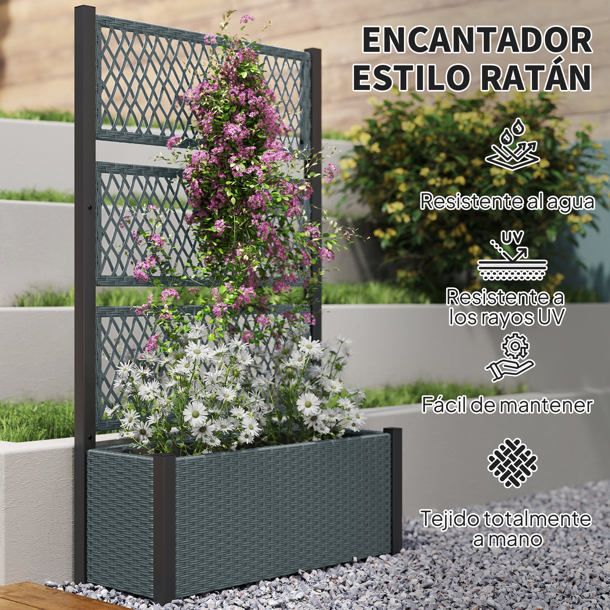 Outsunny Jardinera con Enrejado de Ratán, Jardinera Exterior Grande para Plantas Trepadoras, Maceta con Forro, para Jardín, Patio, Terraza, 90x35x148 cm, Gris Oscuro