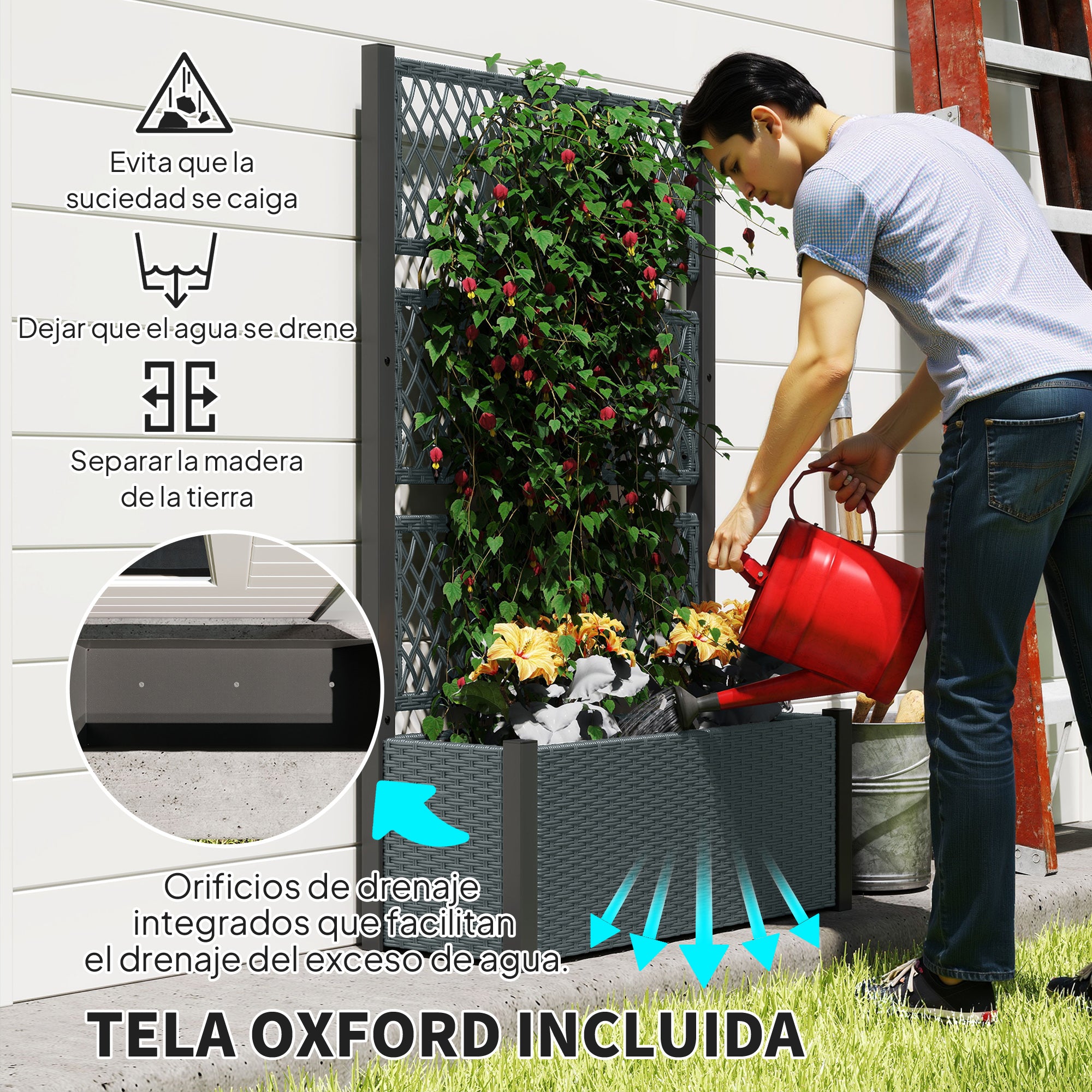 Outsunny Jardinera con Enrejado de Ratán, Jardinera Exterior Grande para Plantas Trepadoras, Maceta con Forro, para Jardín, Patio, Terraza, 90x35x148 cm, Gris Oscuro