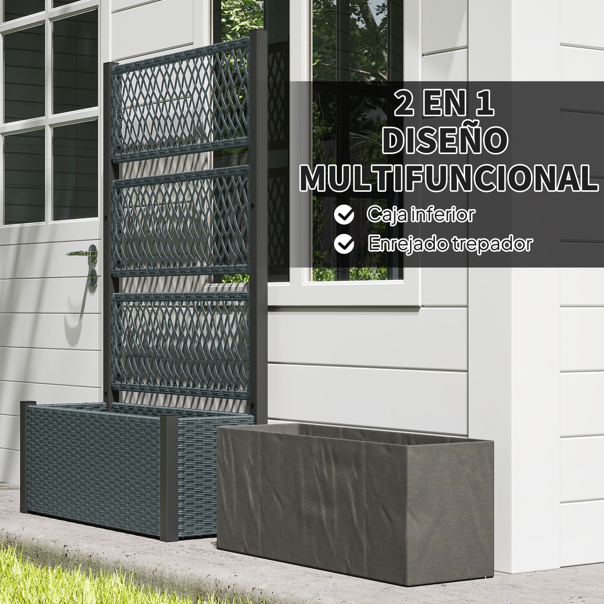 Outsunny Jardinera con Enrejado de Ratán, Jardinera Exterior Grande para Plantas Trepadoras, Maceta con Forro, para Jardín, Patio, Terraza, 90x35x148 cm, Gris Oscuro