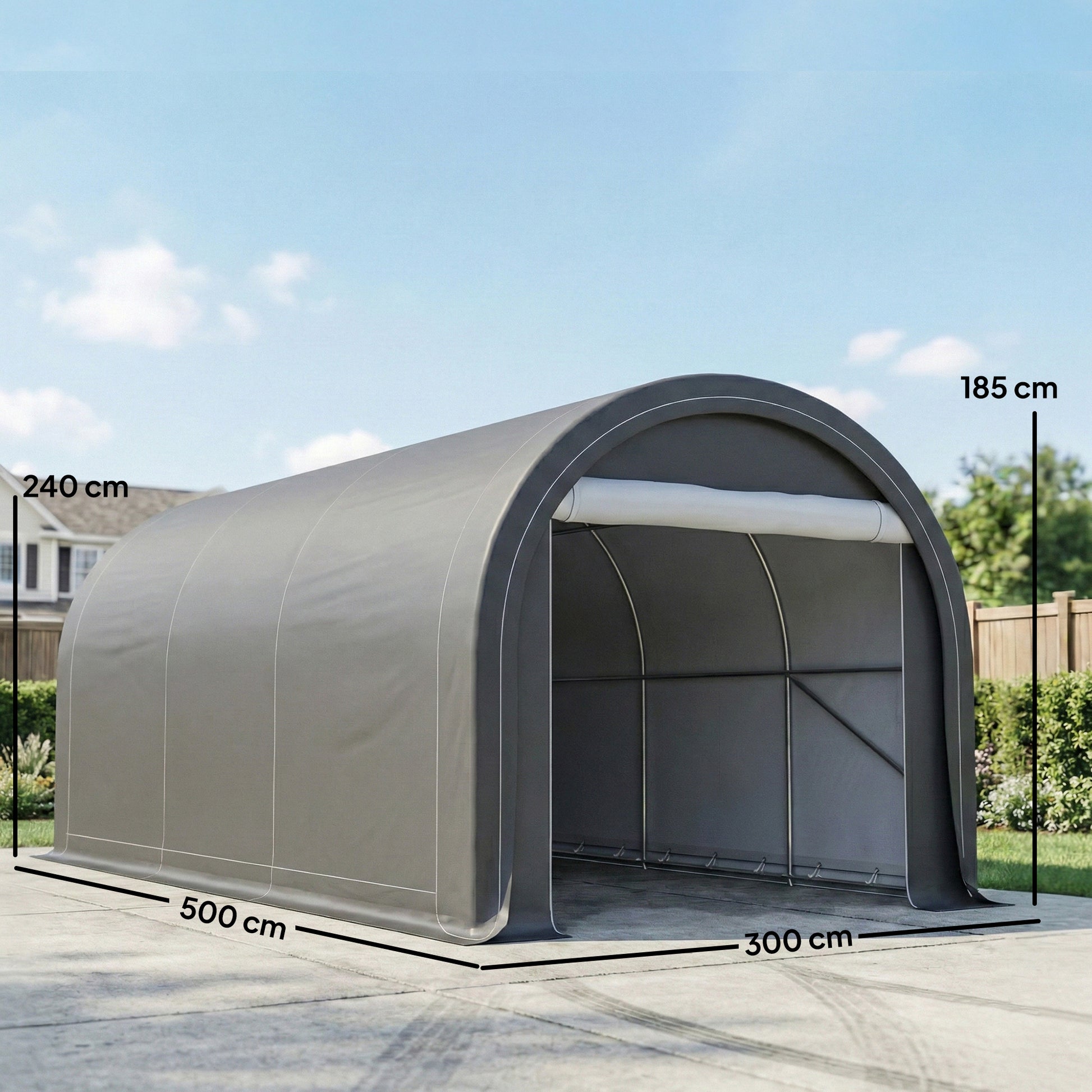 Outsunny Carpa Garaje Portátil 3x5 m, Garaje Exterior para Coche Impermeable con Puerta Enrollable con Cremallera, Estructura de Acero Galvanizado, UPF30+, Cobertizo de Almacenamiento, Gris