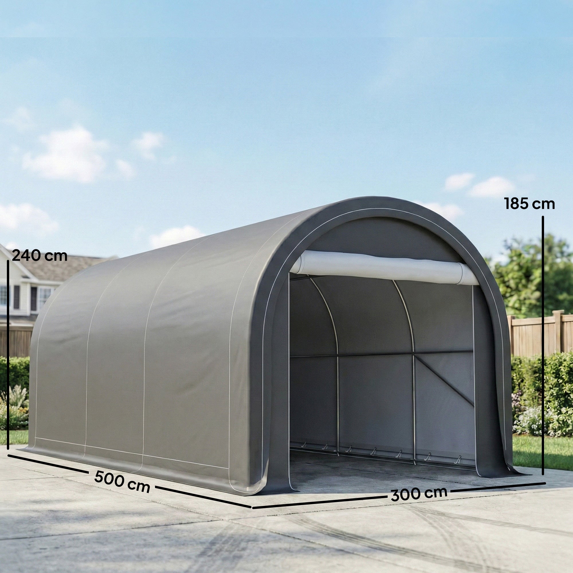 Outsunny Carpa Garaje Portátil 3x5 m, Garaje Exterior para Coche Impermeable con Puerta Enrollable con Cremallera, Estructura de Acero Galvanizado, UPF30+, Cobertizo de Almacenamiento, Gris