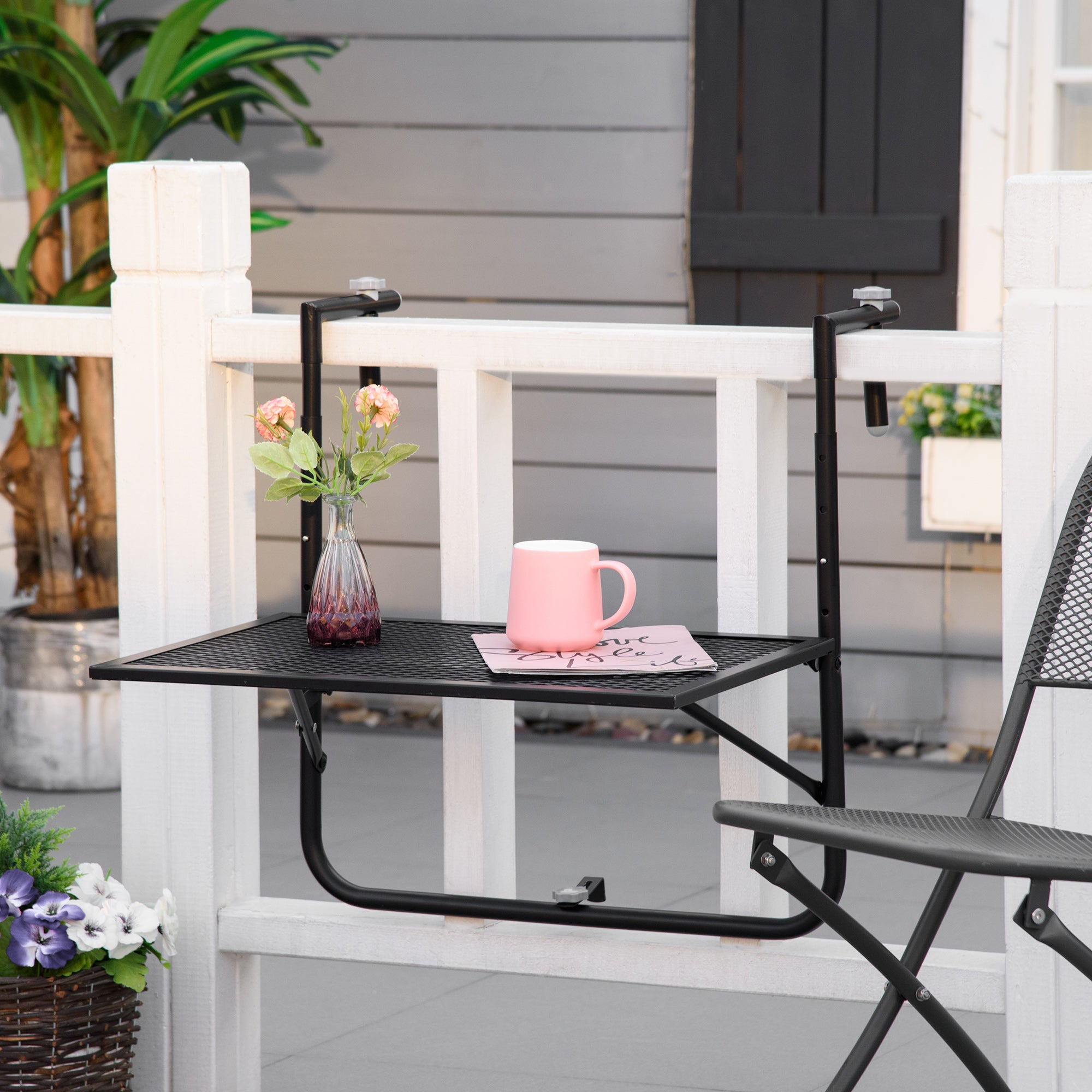 Outsunny Mesa Colgante de Balcón, Mesa Plegable para Balcón de Metal para Barandilla, con Altura Ajustable en 4 Niveles, Carga 10 kg, para Terraza, Jardín, Exterior, 60x60x57-72 cm, Negro