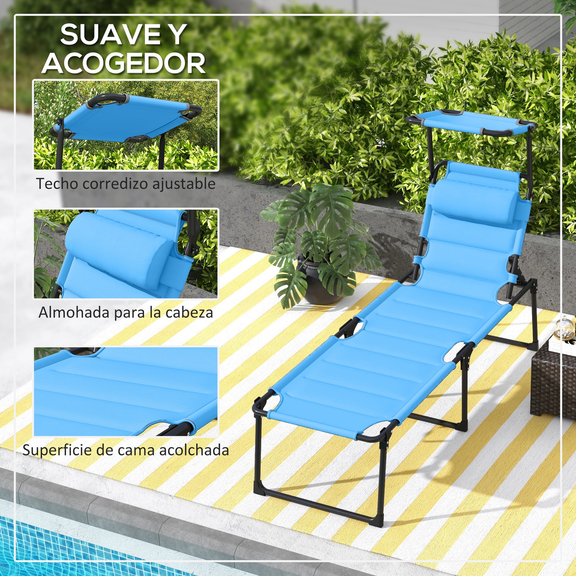 Outsunny Tumbona Plegable, Tumbona Jardín Exterior con Toldo Ajustable, Respaldo Regulable en 4 Niveles, Reposacabezas, Cojín Grueso, para Terraza, Piscina, 70x200x45 cm, Azul Claro