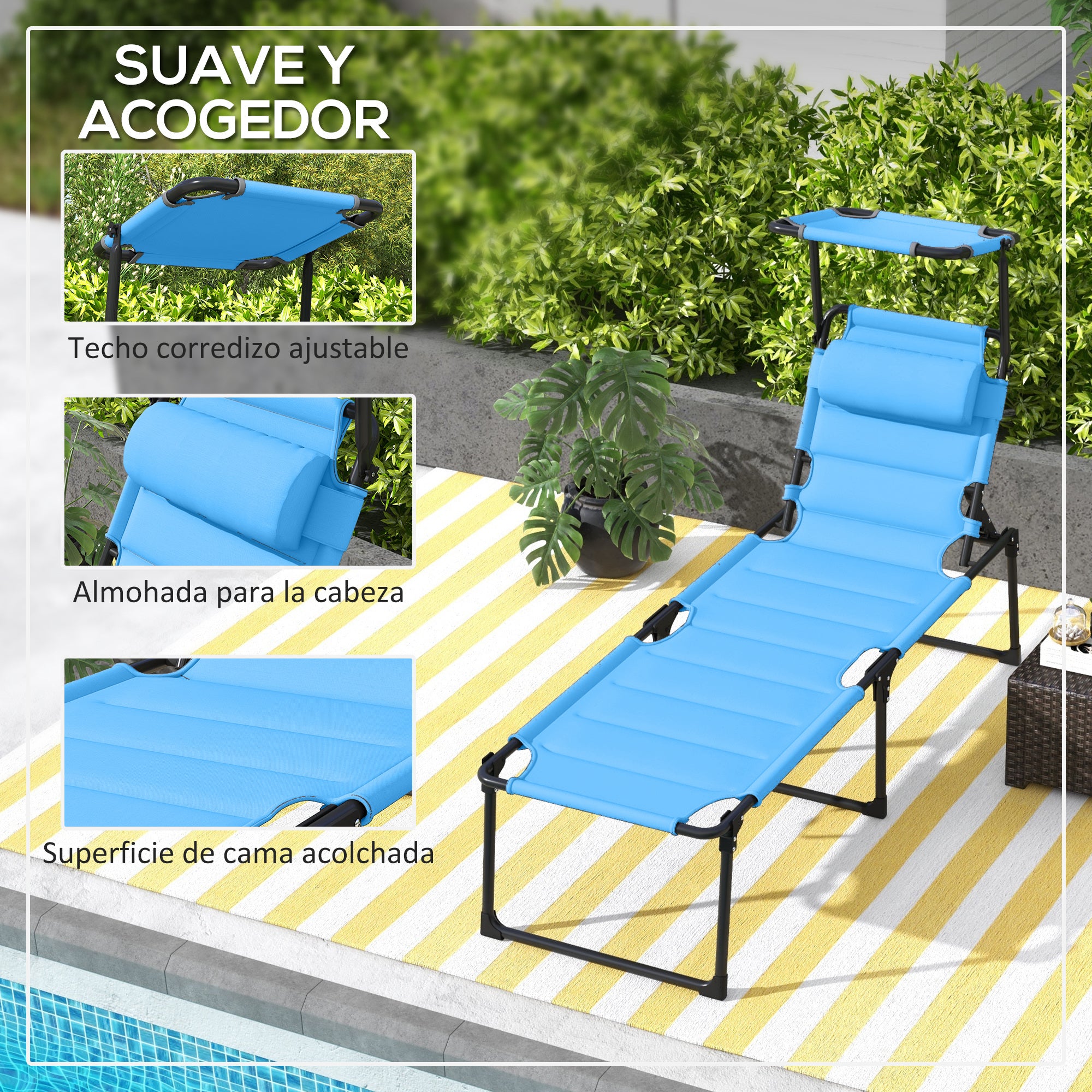 Outsunny Tumbona Plegable, Tumbona Jardín Exterior con Toldo Ajustable, Respaldo Regulable en 4 Niveles, Reposacabezas, Cojín Grueso, para Terraza, Piscina, 70x200x45 cm, Azul Claro