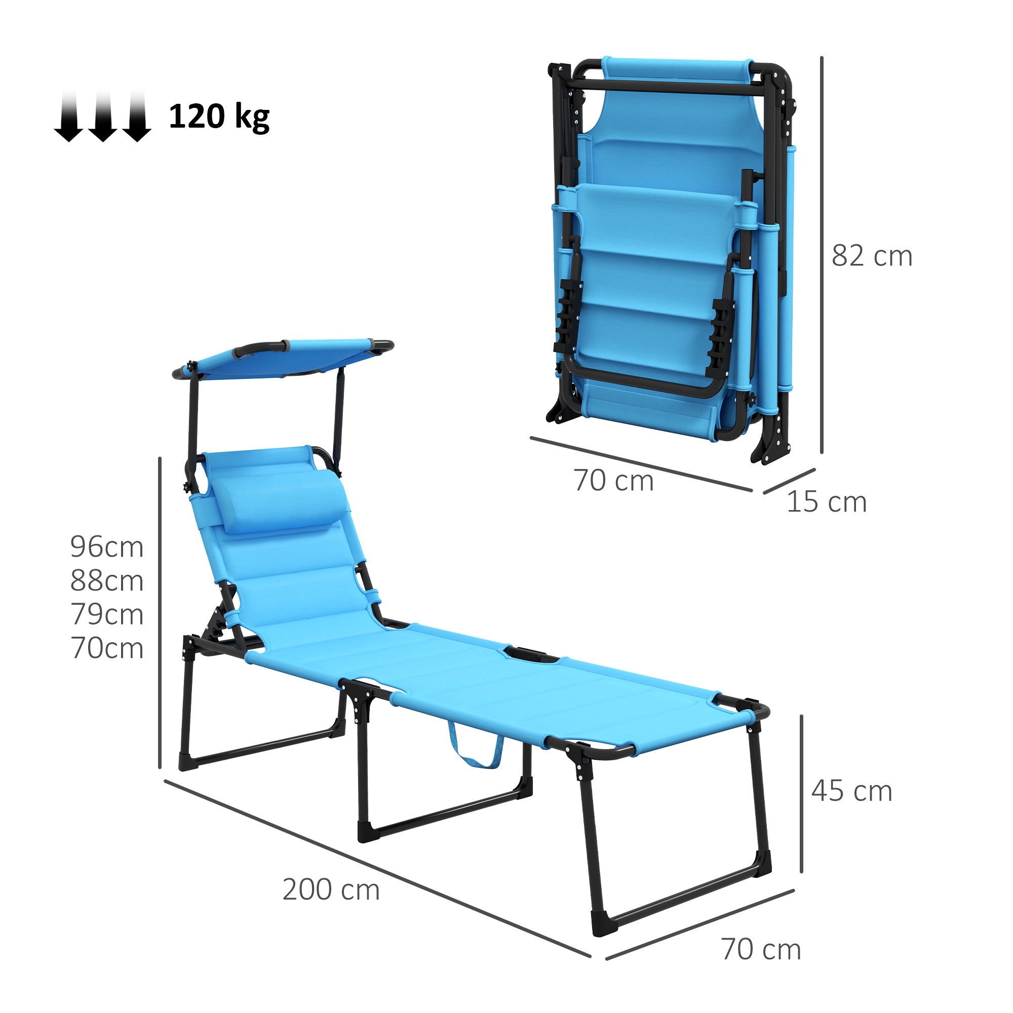 Outsunny Tumbona Plegable, Tumbona Jardín Exterior con Toldo Ajustable, Respaldo Regulable en 4 Niveles, Reposacabezas, Cojín Grueso, para Terraza, Piscina, 70x200x45 cm, Azul Claro
