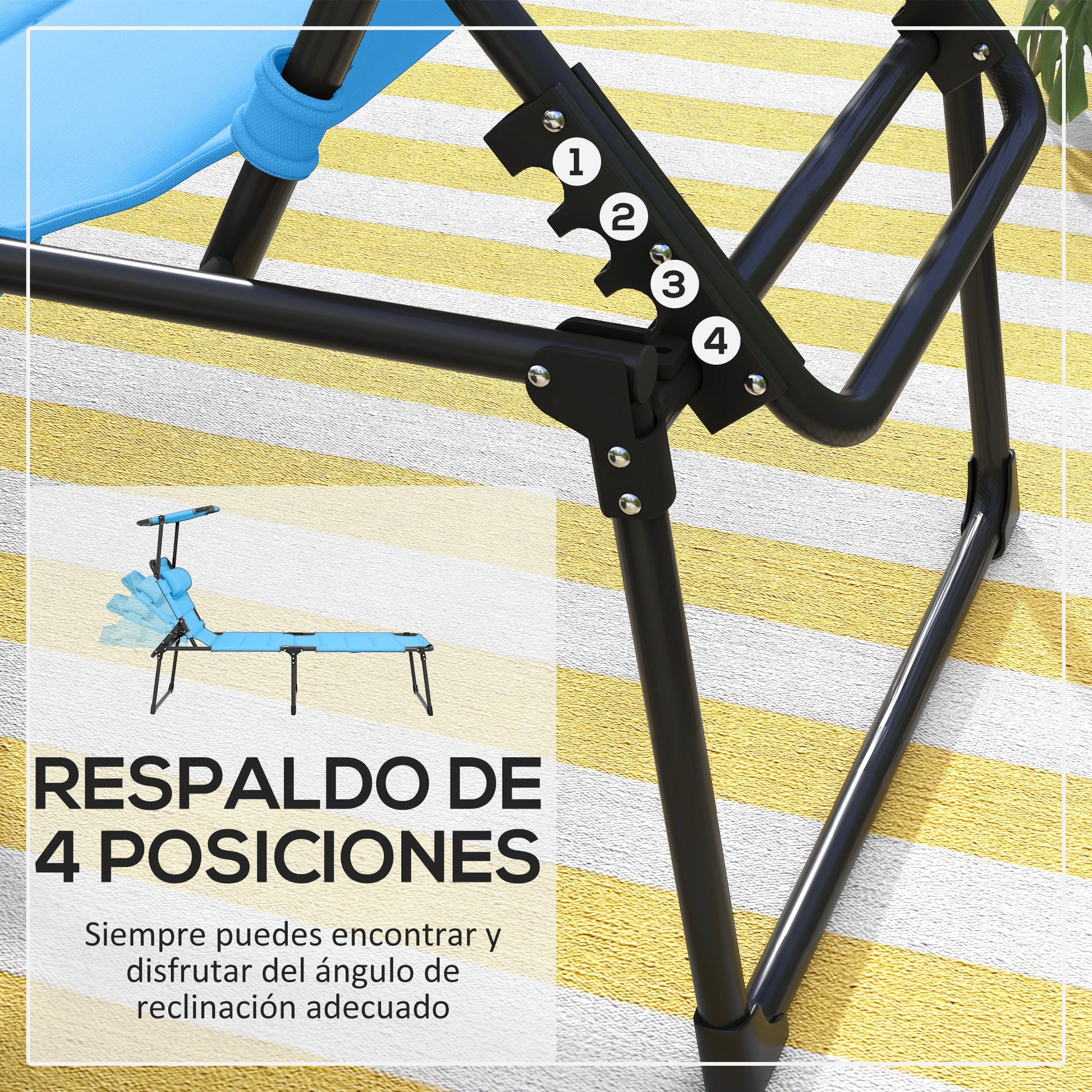 Outsunny Tumbona Plegable, Tumbona Jardín Exterior con Toldo Ajustable, Respaldo Regulable en 4 Niveles, Reposacabezas, Cojín Grueso, para Terraza, Piscina, 70x200x45 cm, Azul Claro