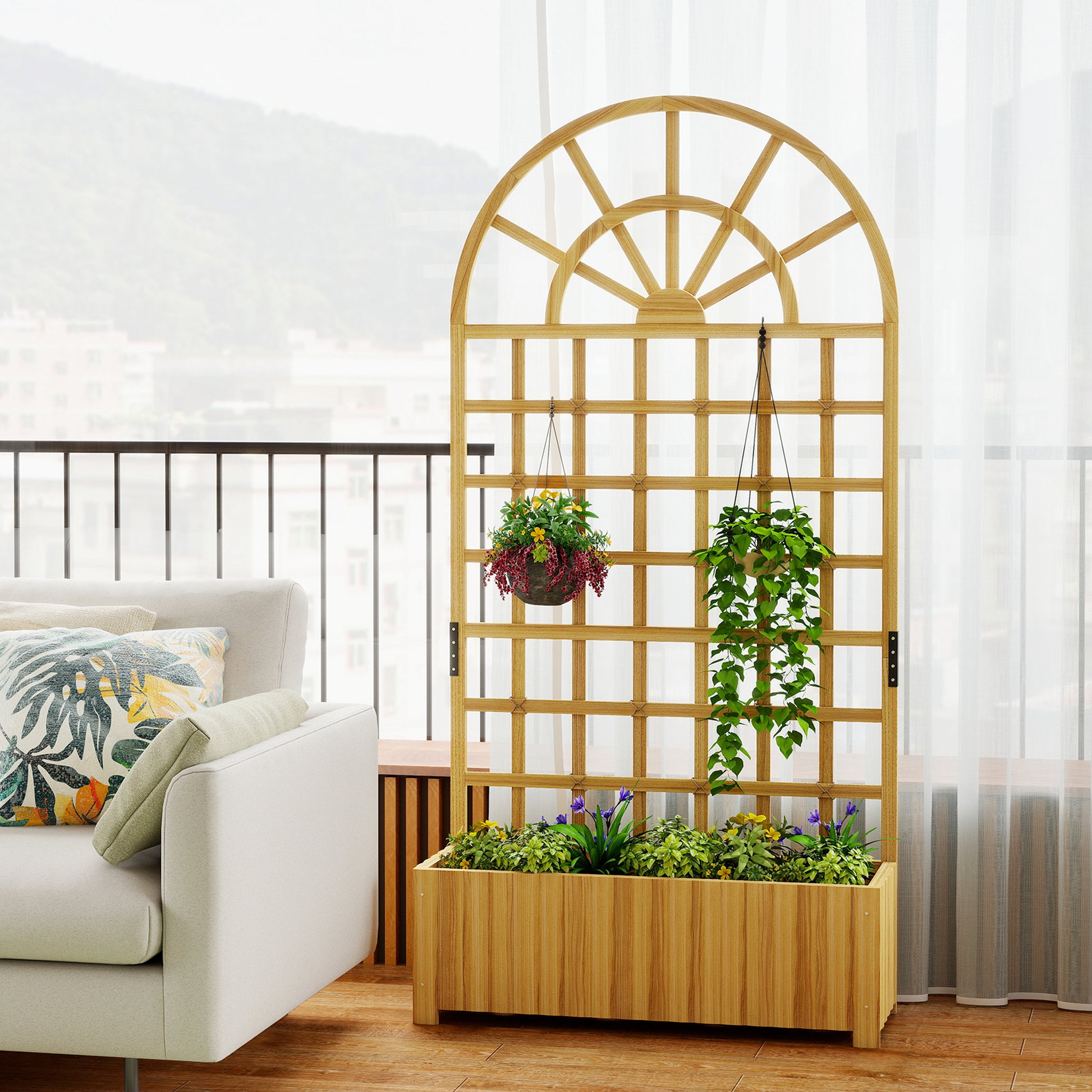 Outsunny Jardinera con Enrejado de Madera, Jardinera Exterior Grande para Plantas Trepadoras, con Ofricios de Drenaje, Macetero Elevado para Jardín, Patio, Terraza, 90x30x180 cm, Natural