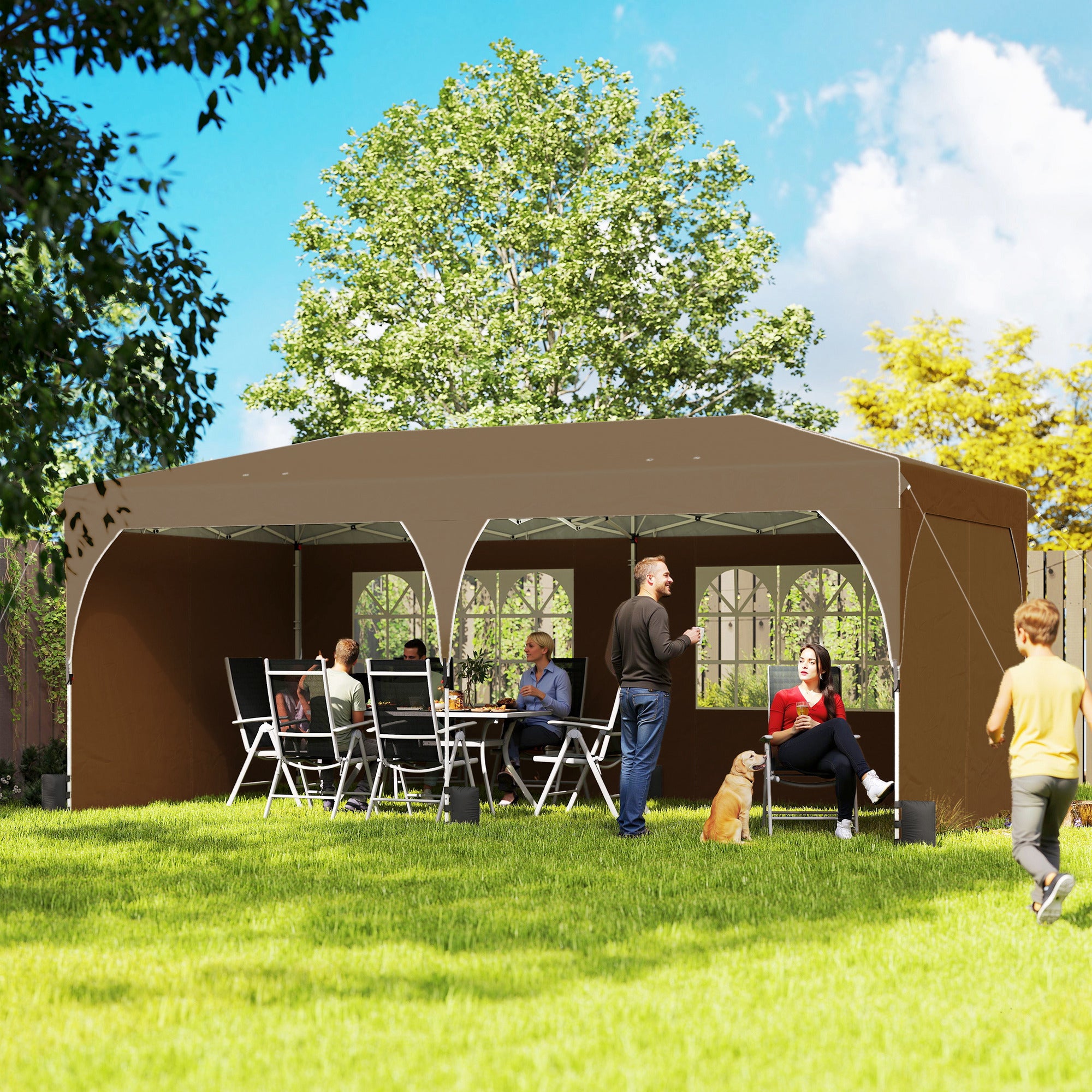 Outsunny Carpa Plegable 6x3 m, Pop-up, con 4 Laterales Extraíbles, Cenador de Jardín con Tiras Reflectantes, Altura Ajustable, Sistema Central de Bloqueo, UPF50+, Impermeable, Bolsa Transporte, Beige