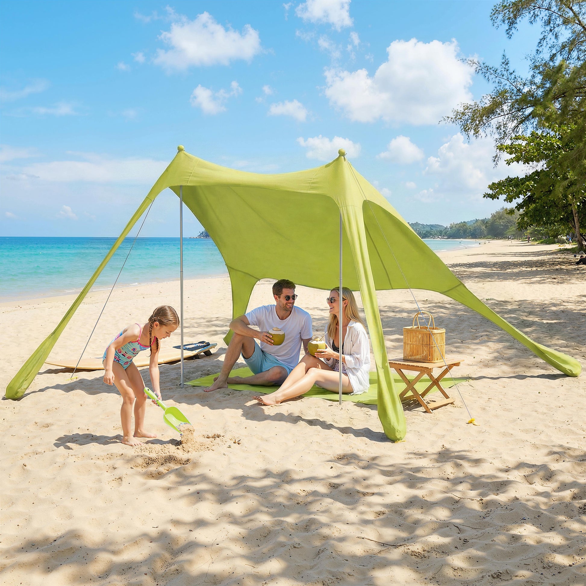 Outsunny Carpa Playa Plegable 208x200 cm, Toldo Playa Portátil para 2-4 Personas con Esterilla, UPF50+, Postes de Aluminio, Pala, Estacas y Bolsa de Transporte Impermeable, para Camping, Pesca, Verde