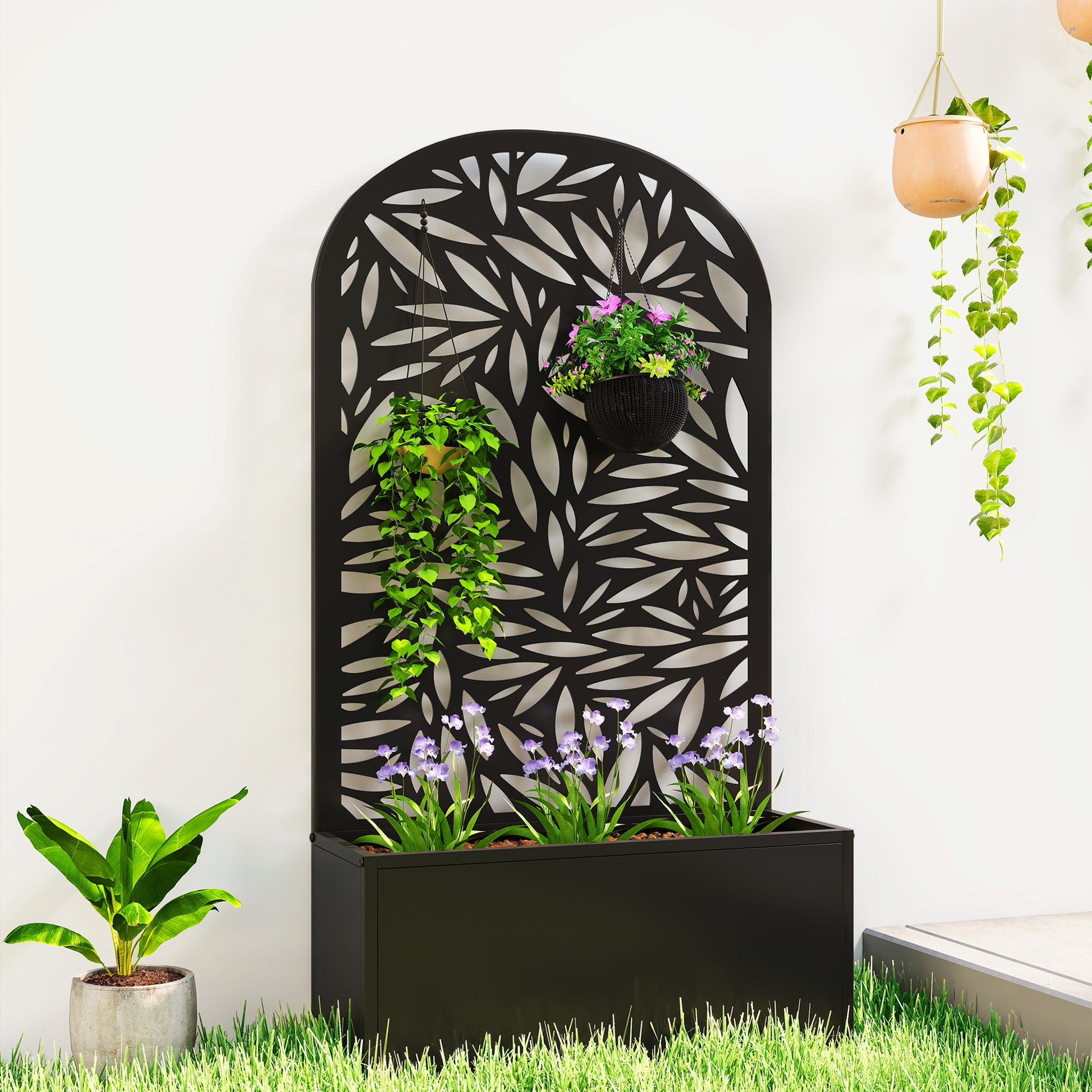 Outsunny Jardinera Exterior Grande de Metal, Jardinera con Pantalla de Privacidad Curva de Hojas Decorativas, Macetero de Pared o Independiente para Plantas Trepadoras, Patio, 61x23x113 cm, Negro