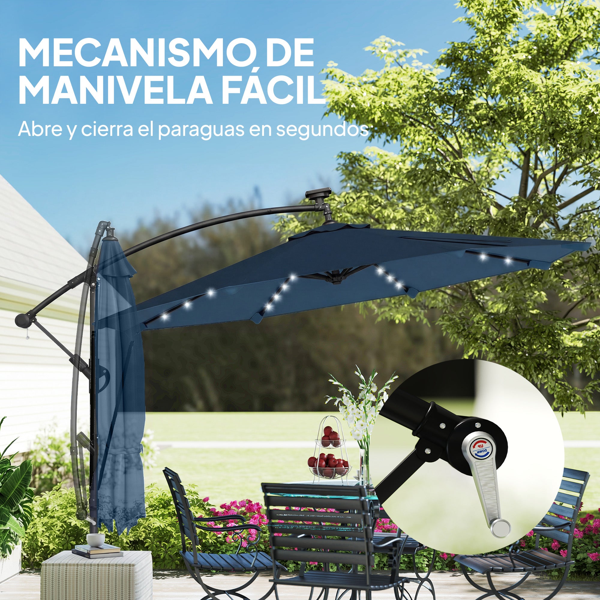 Outsunny Parasol Excéntrico con Luces LED Solares, Ø345 cm, Sombrilla de Jardín de Aluminio con Base Cruzada, Manivela, Funda Protectora, Cuerdas de Viento, UPF50+, para Terraza, Patio, Azul Marino