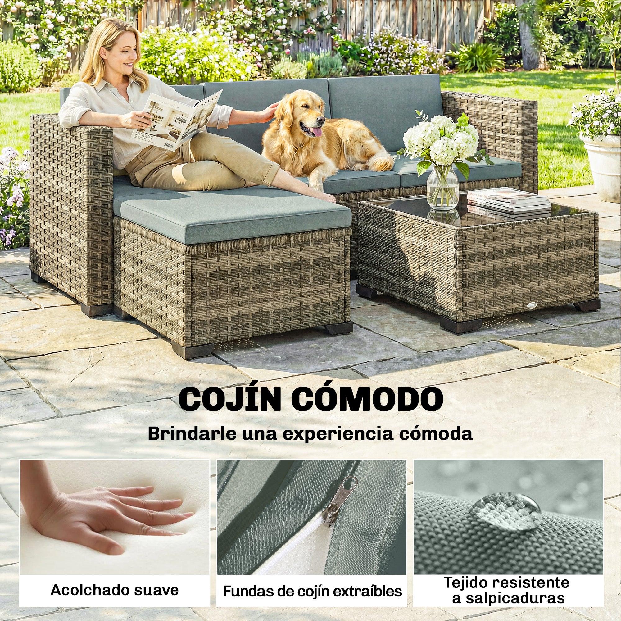 Outsunny Conjunto de Jardín de Ratán de 5 Piezas, Conjunto Terraza Resistente, Muebles Jardín Exterior Incluye Cojines, 2 Sillones de Esquina, Sillón sin Brazos, Reposapiés y Mesa Centro, Gris Claro