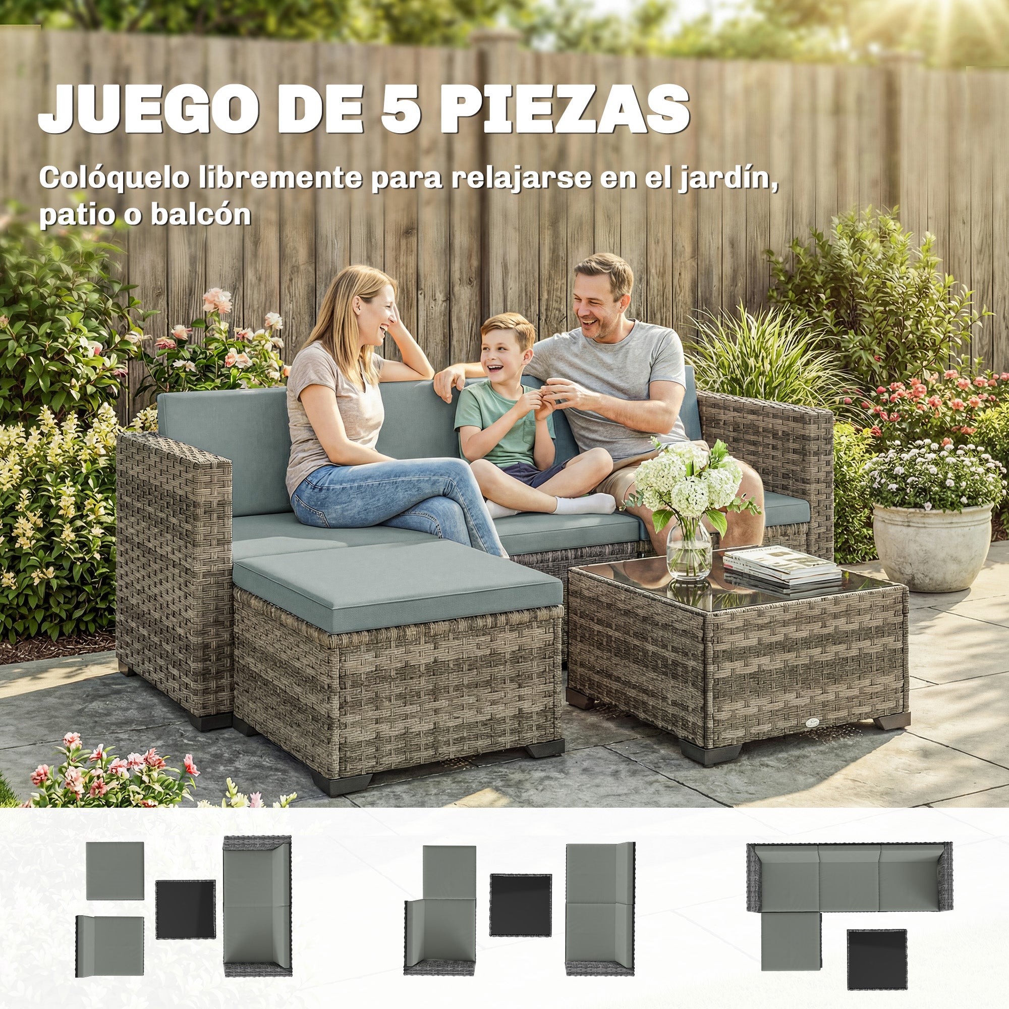 Outsunny Conjunto de Jardín de Ratán de 5 Piezas, Conjunto Terraza Resistente, Muebles Jardín Exterior Incluye Cojines, 2 Sillones de Esquina, Sillón sin Brazos, Reposapiés y Mesa Centro, Gris Claro