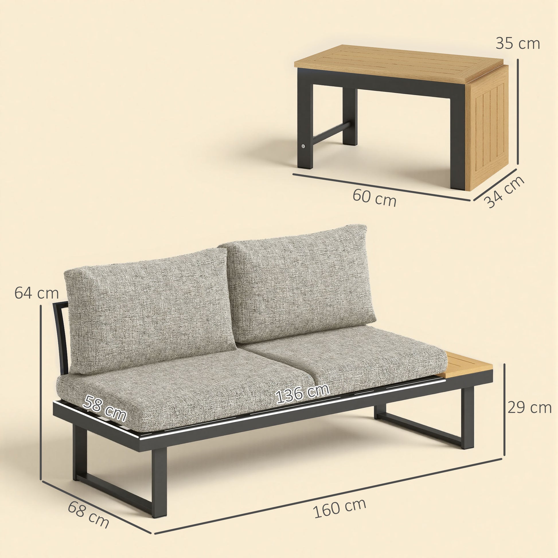 Outsunny Conjunto de Jardín Exterior de 3 Piezas, Sofá Exterior Seccional Resistente con 2 Sofás de 2 Plazas y Mesa de Centro Versátil, Estructura de Aluminio y Cojines, Gris Claro