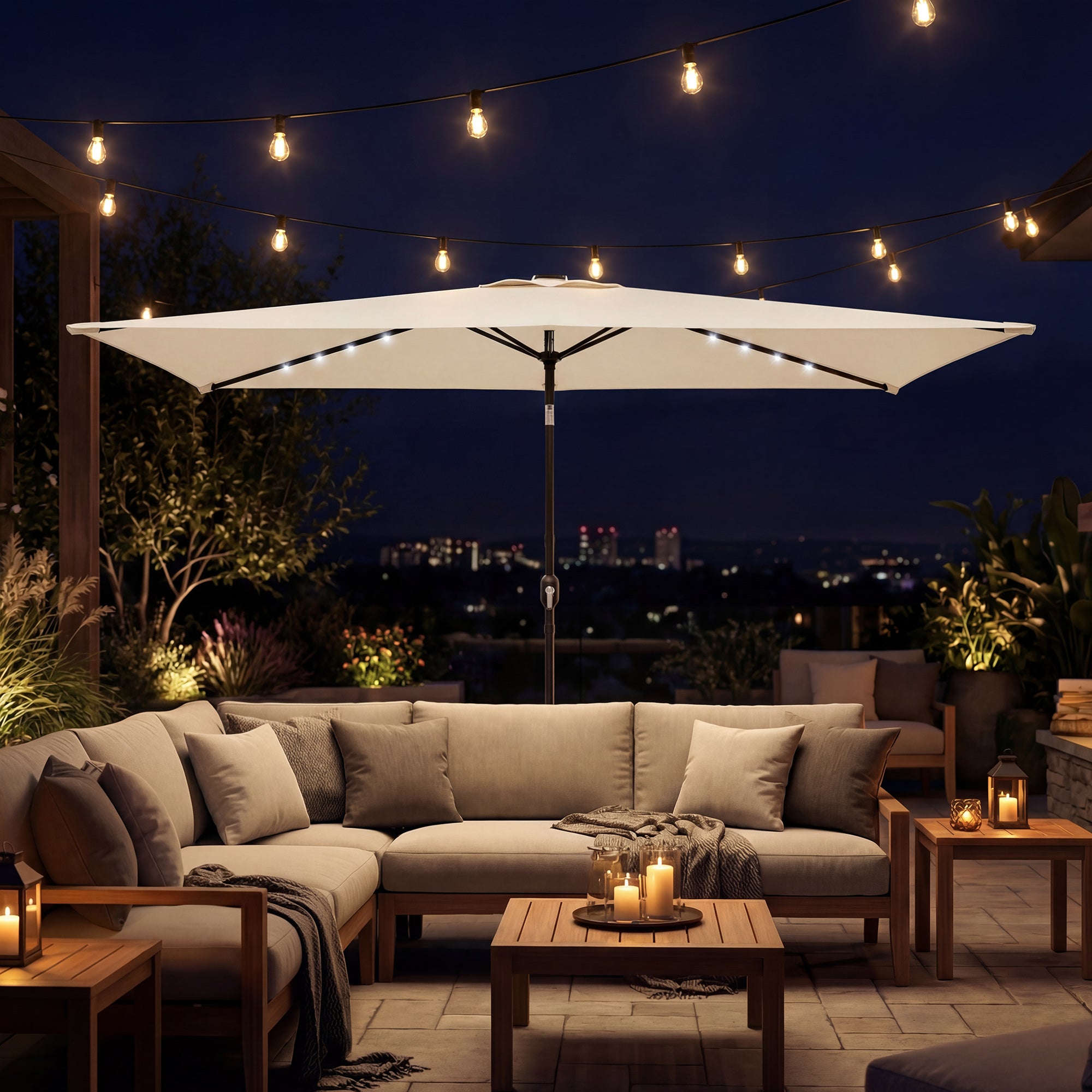 Outsunny Sombrilla Terraza Exterior, 2,9x2,5 m, Sombrilla de Jardín con 24 Luces LED Solares, Dosel Inclinable, Poste Metálico, Parasol para Patio, Terraza, Crema