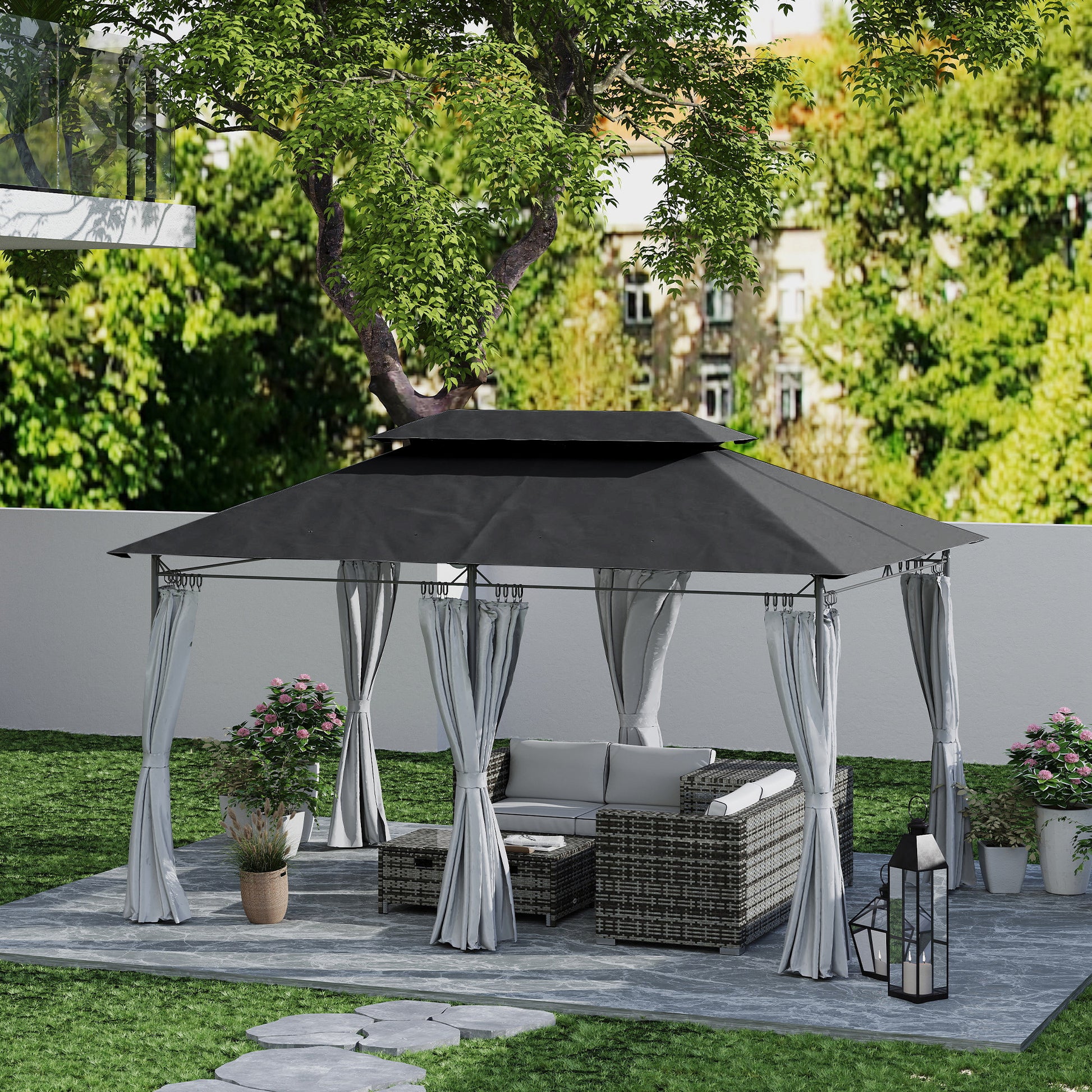 Outsunny Cenador para Jardín 4x3 m Pérgola de Jardín Gazebo con Doble Techo Paredes Laterales Resistente al Agua Carpa para Exterior Terraza Patio Gris Oscuro
