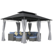 Outsunny Cenador para Jardín 4x3 m Pérgola de Jardín Gazebo con Doble Techo Paredes Laterales Resistente al Agua Carpa para Exterior Terraza Patio Gris Oscuro