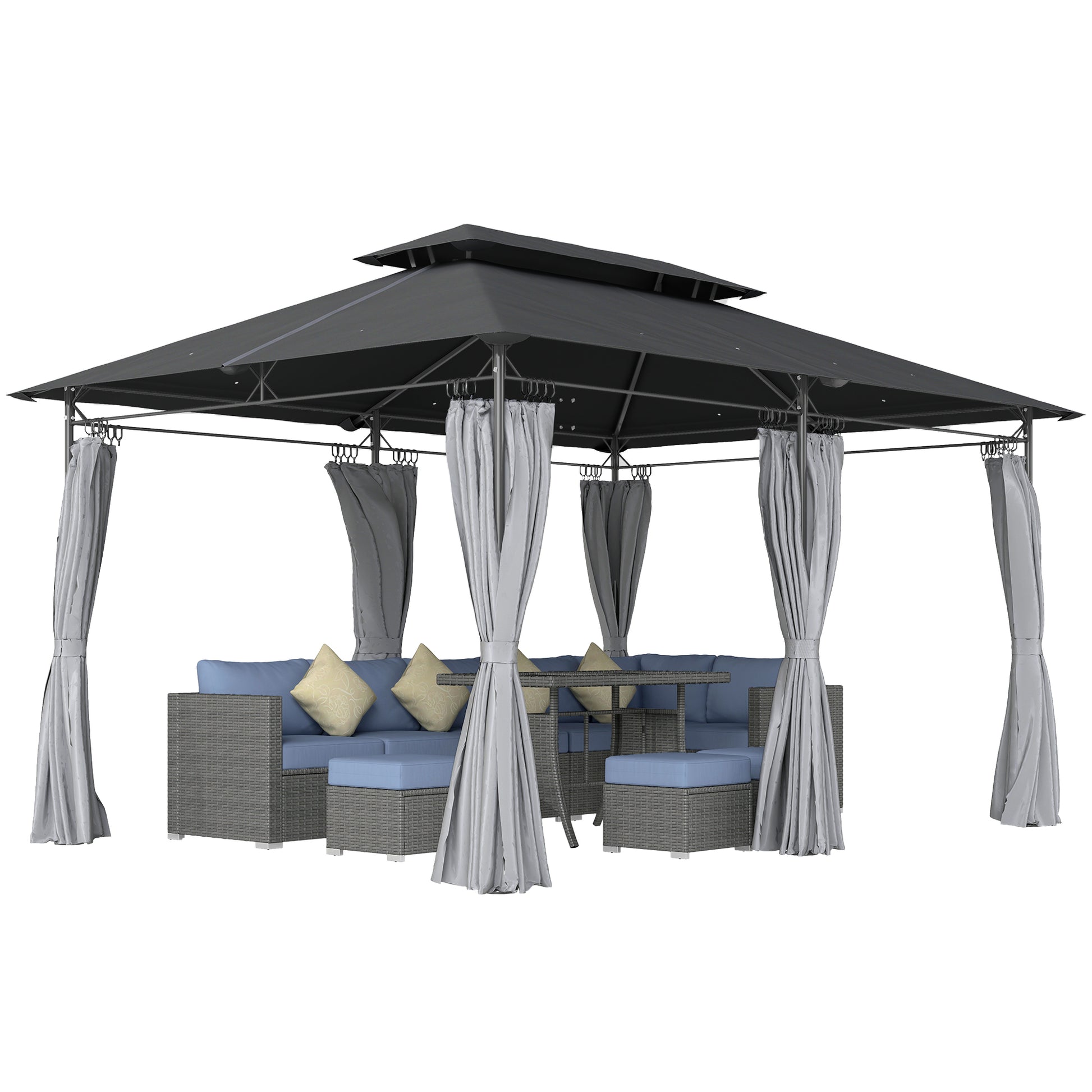 Outsunny Cenador para Jardín 4x3 m Pérgola de Jardín Gazebo con Doble Techo Paredes Laterales Resistente al Agua Carpa para Exterior Terraza Patio Gris Oscuro