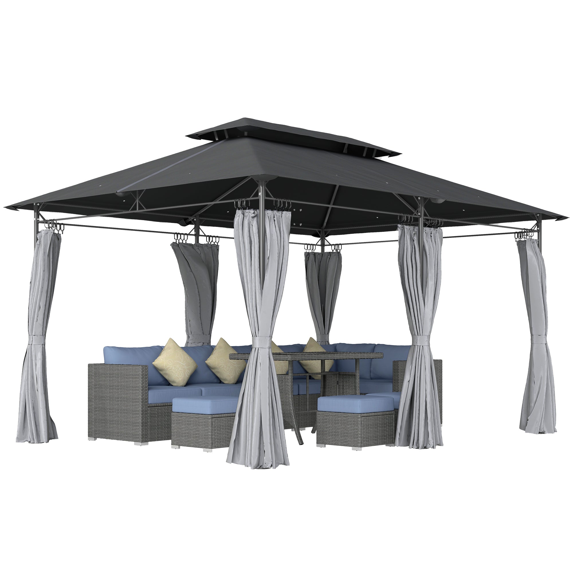 Outsunny Cenador para Jardín 4x3 m Pérgola de Jardín Gazebo con Doble Techo Paredes Laterales Resistente al Agua Carpa para Exterior Terraza Patio Gris Oscuro