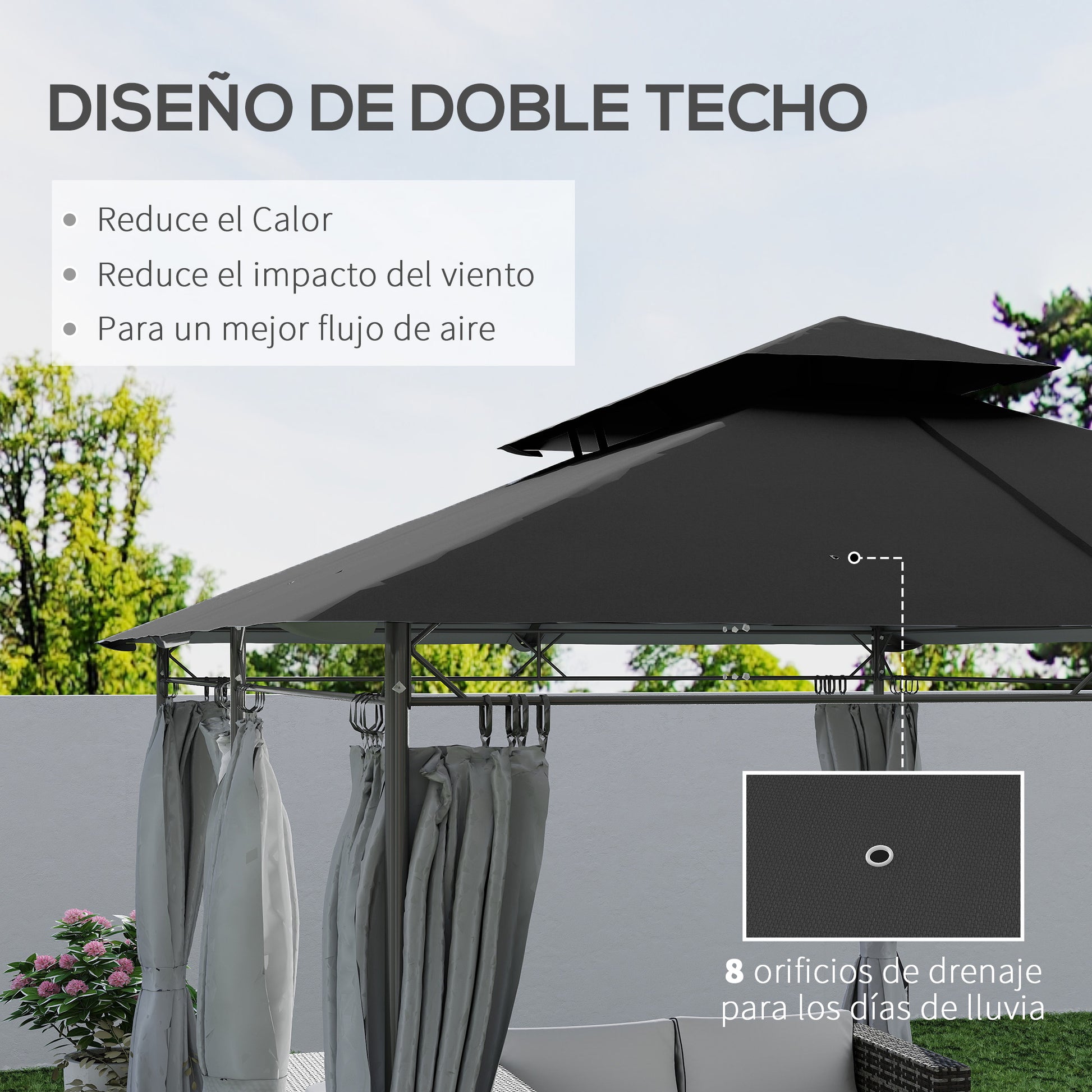 Outsunny Cenador para Jardín 4x3 m Pérgola de Jardín Gazebo con Doble Techo Paredes Laterales Resistente al Agua Carpa para Exterior Terraza Patio Gris Oscuro