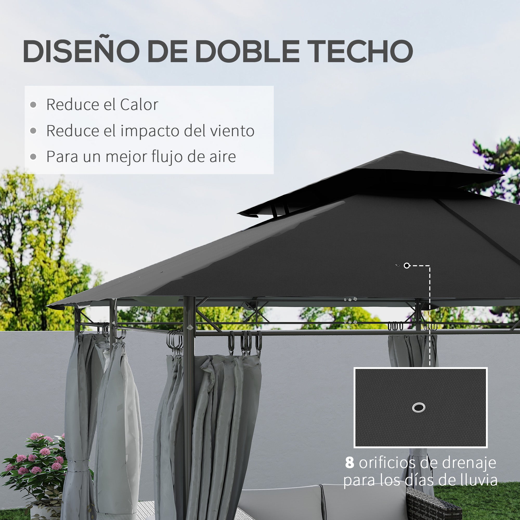 Outsunny Cenador para Jardín 4x3 m Pérgola de Jardín Gazebo con Doble Techo Paredes Laterales Resistente al Agua Carpa para Exterior Terraza Patio Gris Oscuro