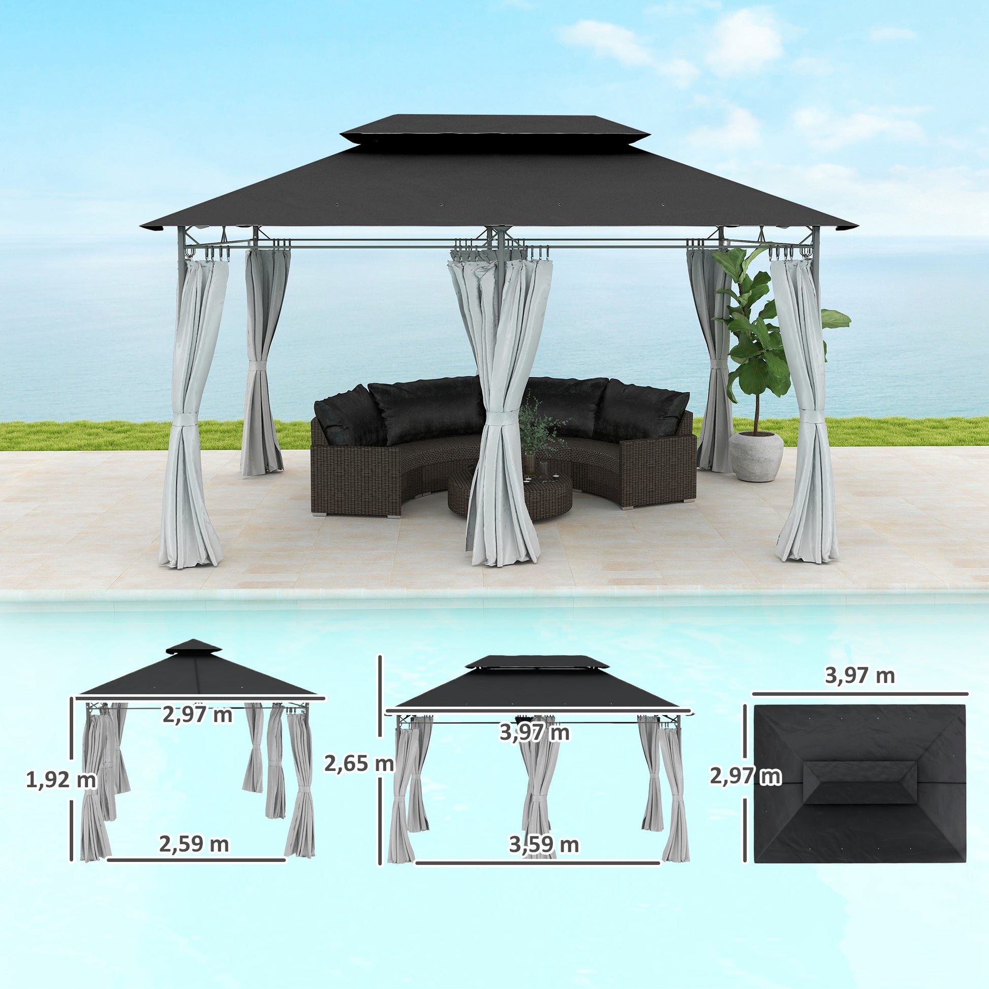 Outsunny Cenador para Jardín 4x3 m Pérgola de Jardín Gazebo con Doble Techo Paredes Laterales Resistente al Agua Carpa para Exterior Terraza Patio Gris Oscuro